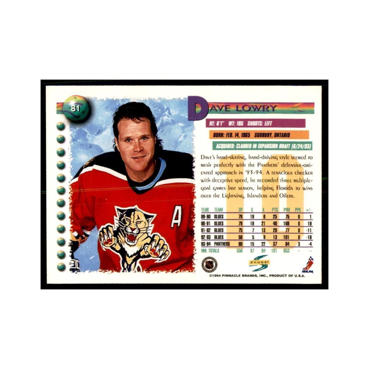 Dave Lowry 1994 Score #81 Hockey Cards Hockey Card NM