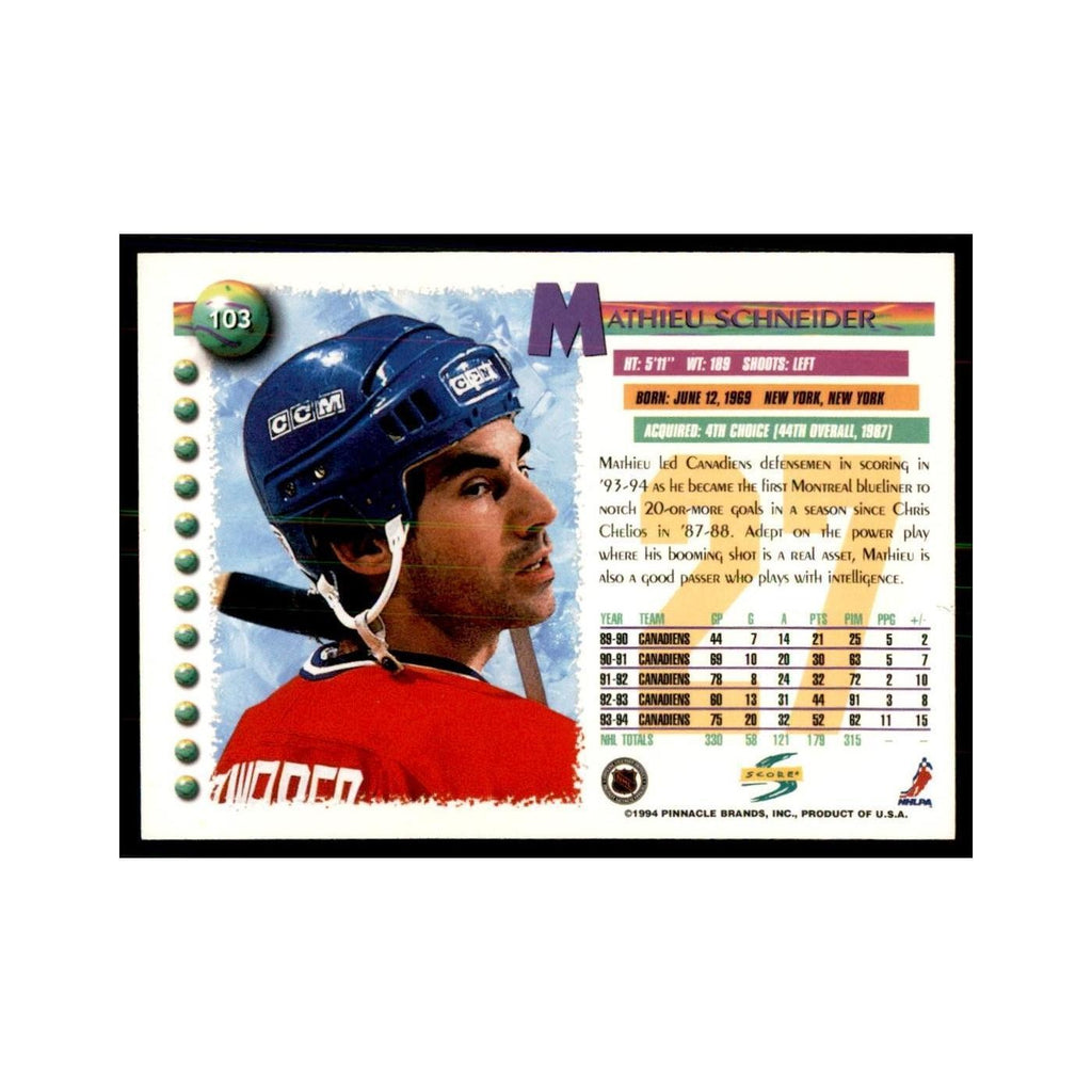 Mathie Schneider 1994 Score #103 Hockey Cards Hockey Card NM