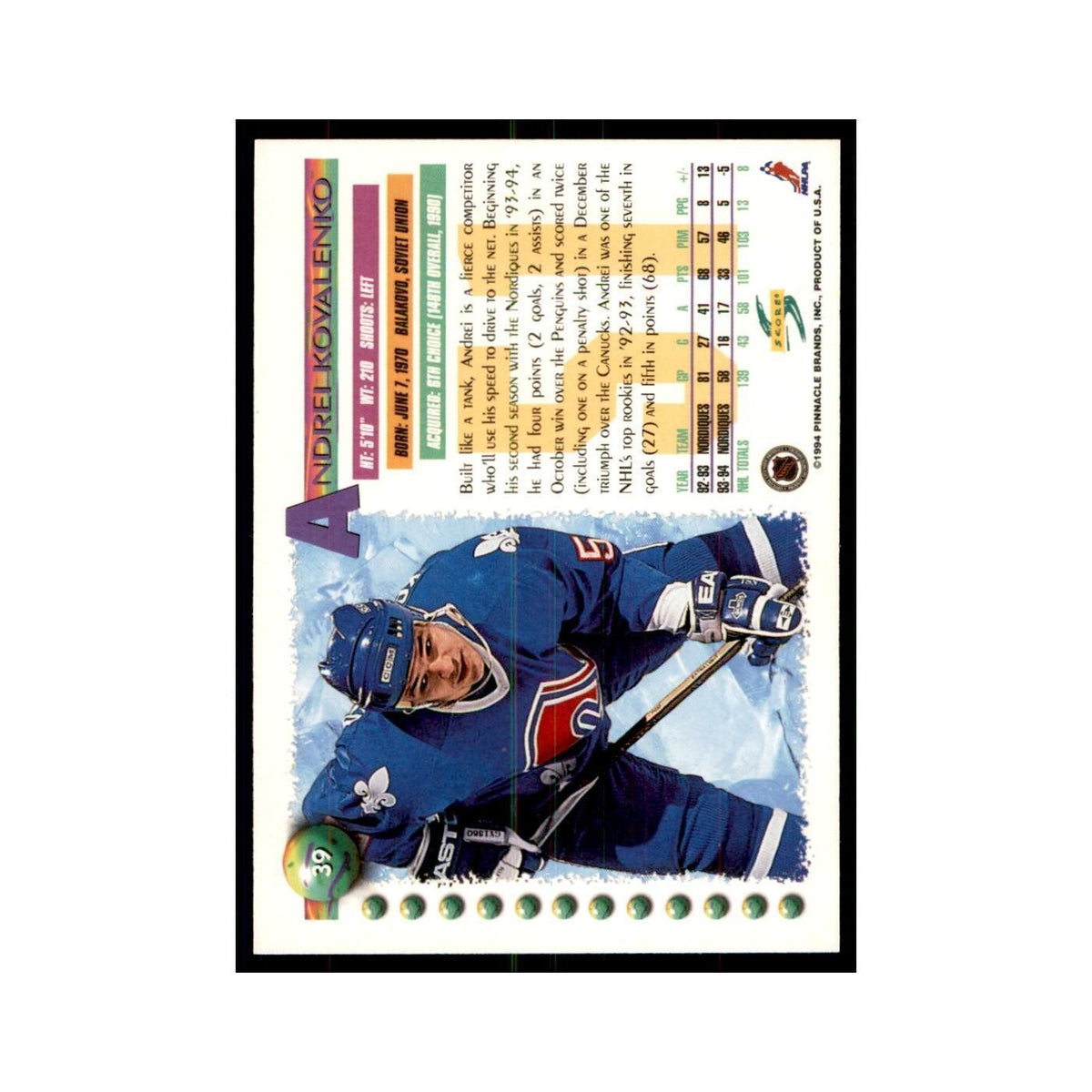 Andrei Kovalenko 1994 Score #39 Hockey Cards Hockey Card NM