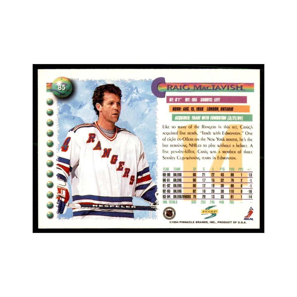 Craig MacTavish 1994 Score #85 Hockey Cards Hockey Card NM