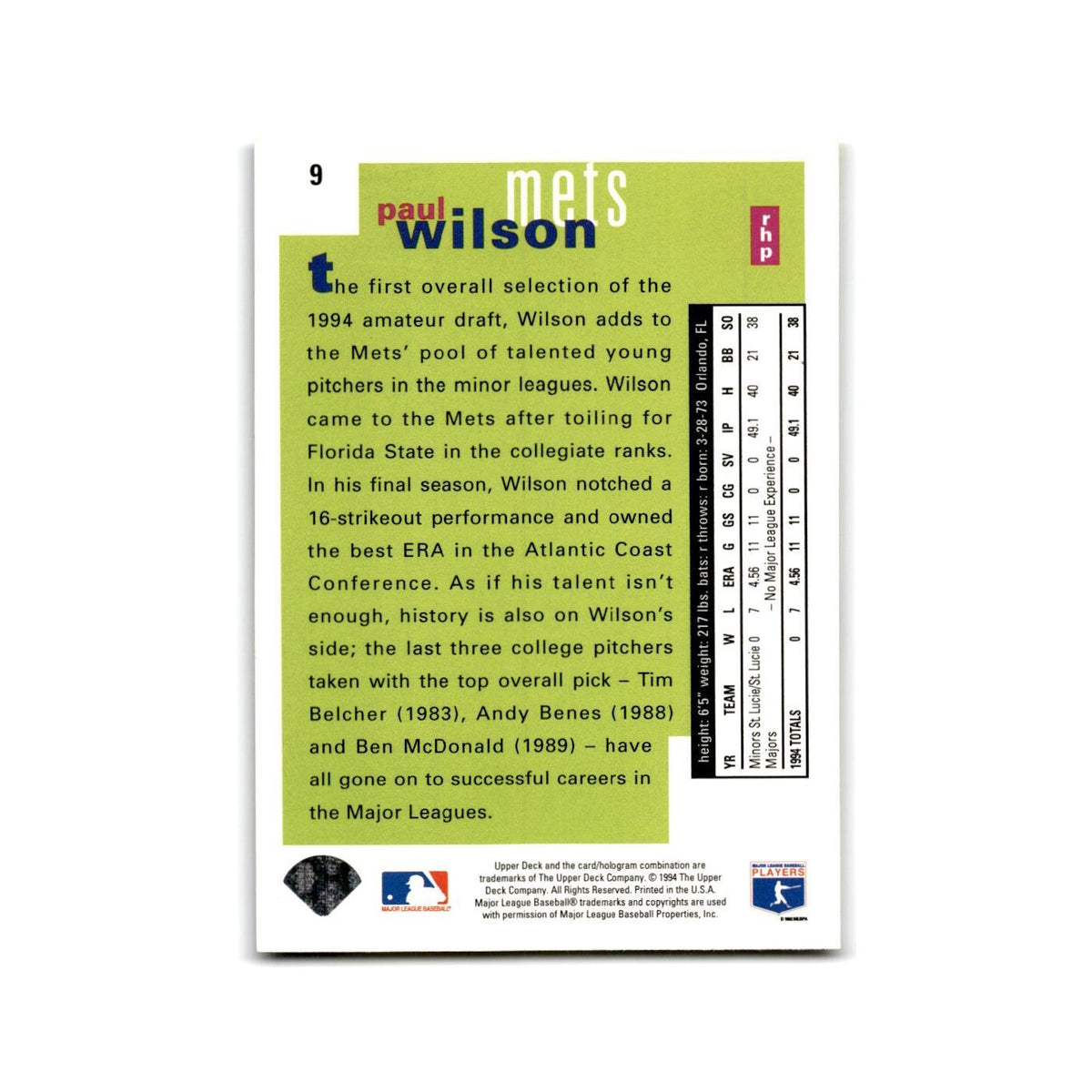 Paul Wilson Rookie 1995 Collector's Choice SE #9 New York Mets Baseball Card NM