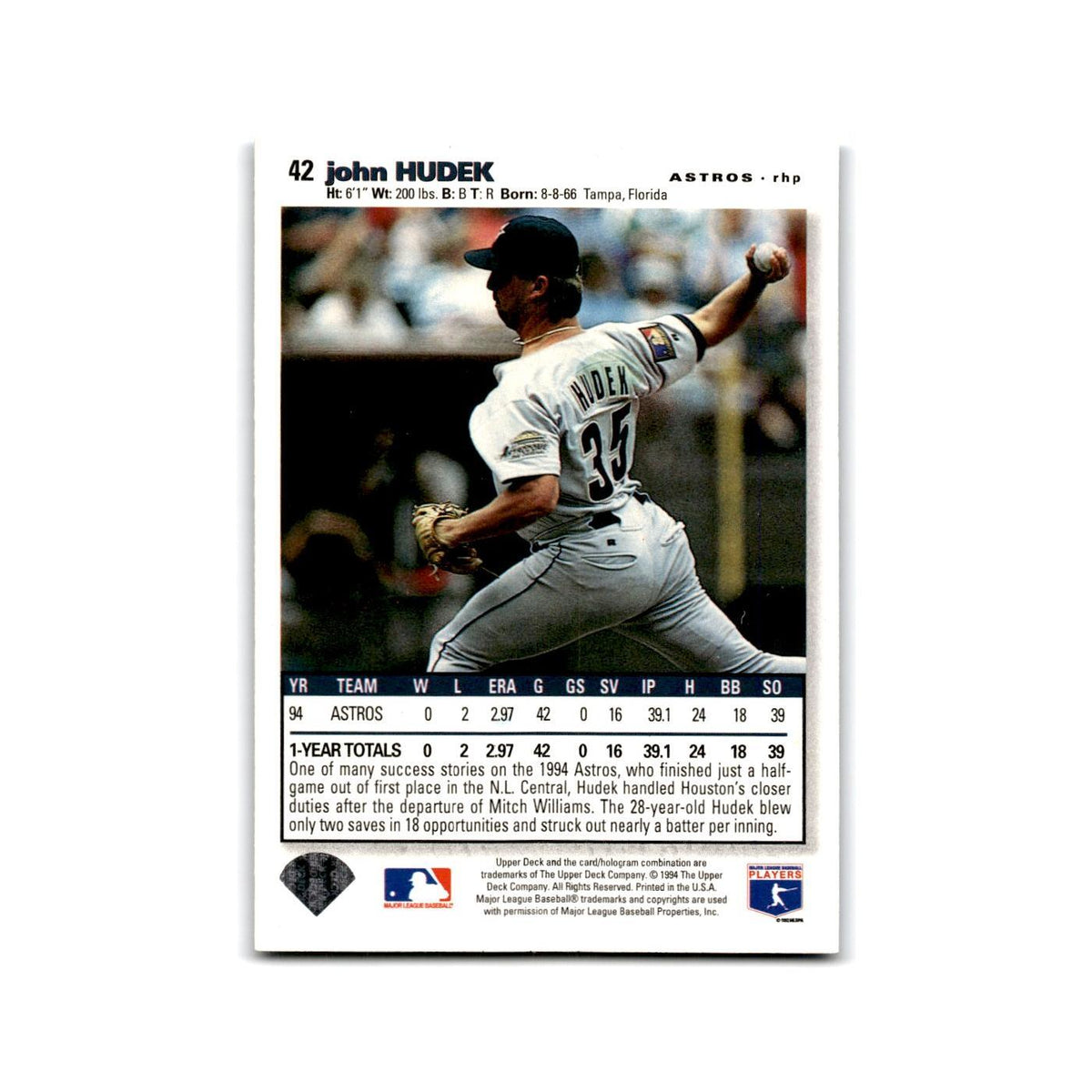 John Hudek 1995 Collector's Choice SE #42 Houston Astros Baseball Card NM