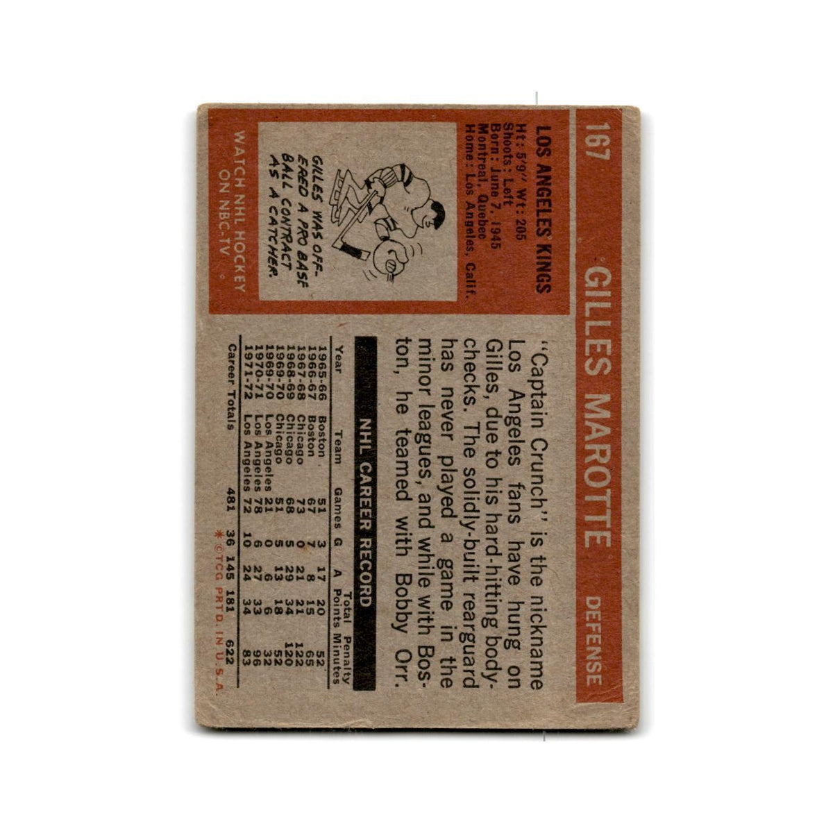 1972 Topps Gilles Marotte Los Angeles Kings #167