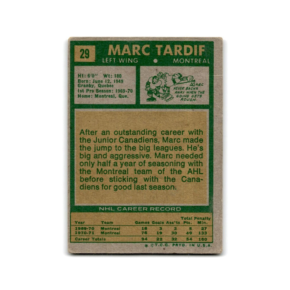 1971 Topps Marc Tardif Montreal Canadiens #29