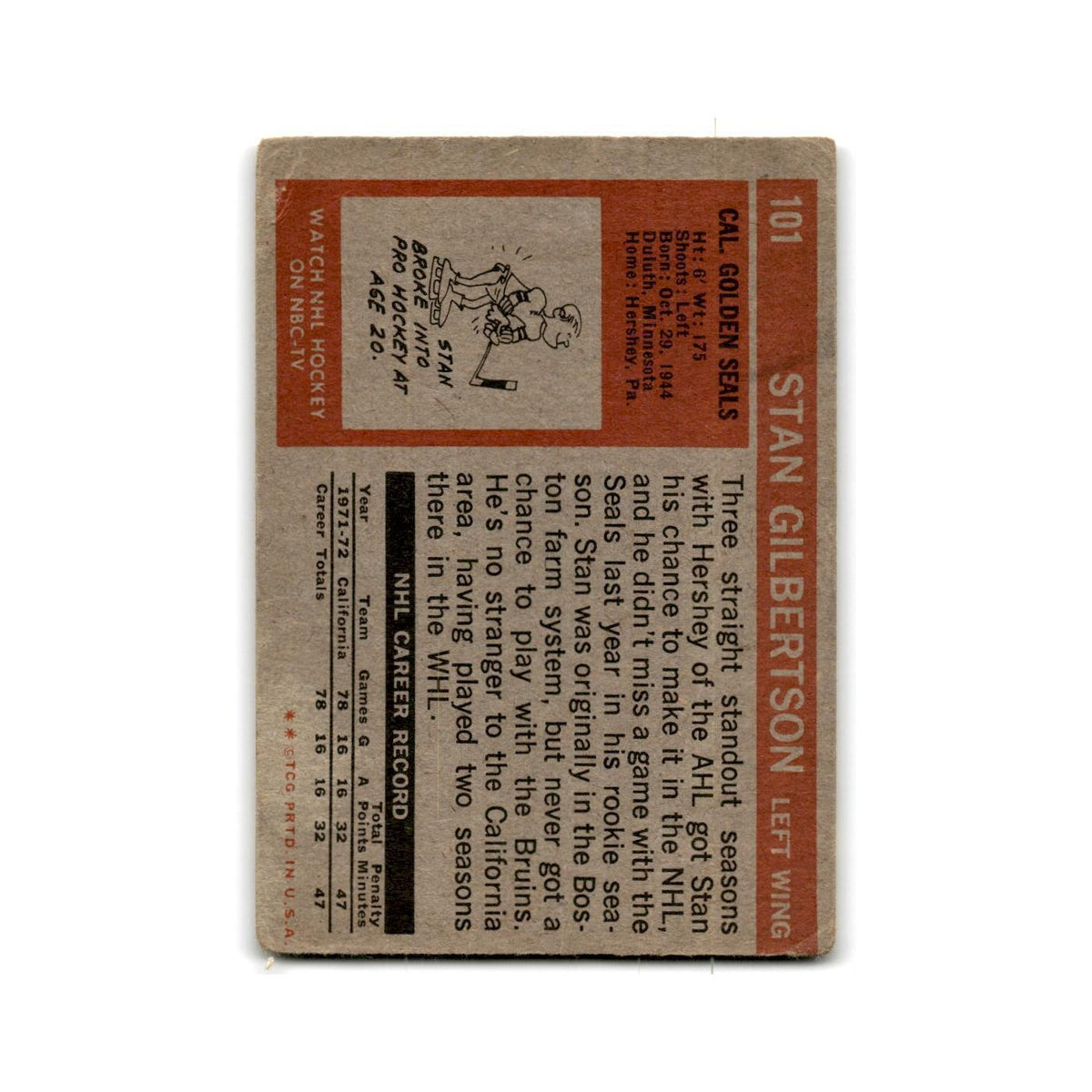 1972 Topps Stan Gilbertson California Golden Seals #101