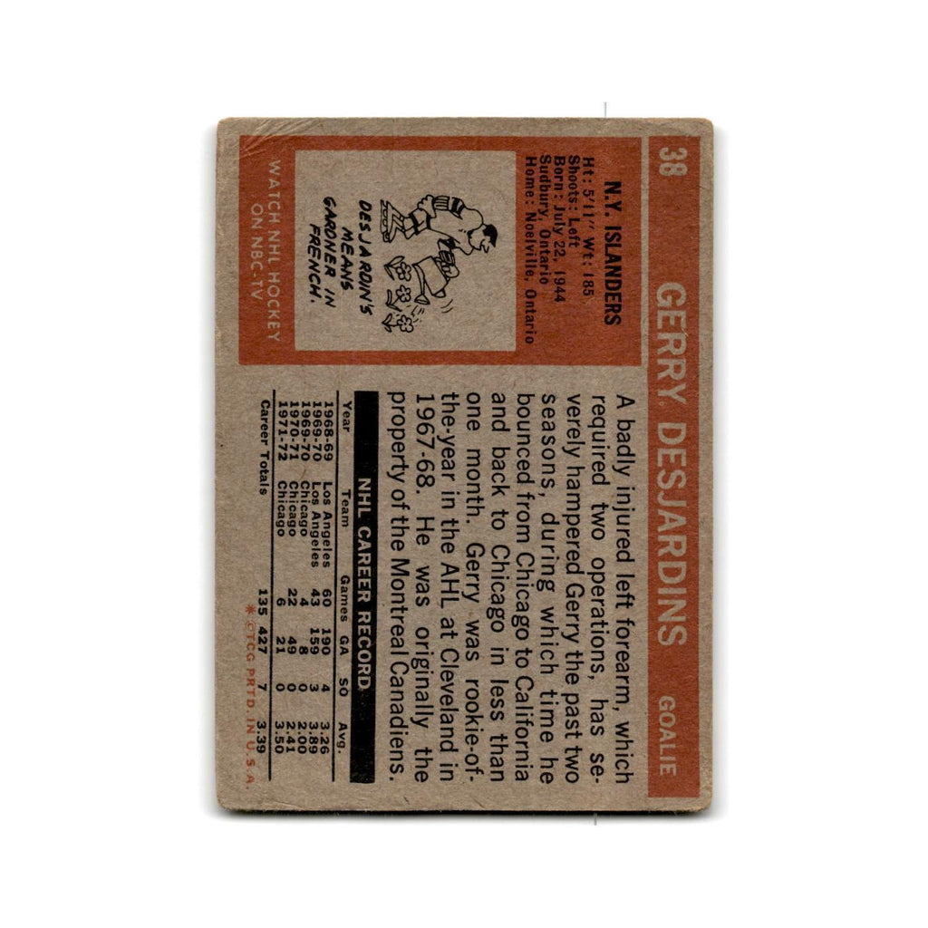 1972 Topps Gerry Desjardins New York Islanders #38