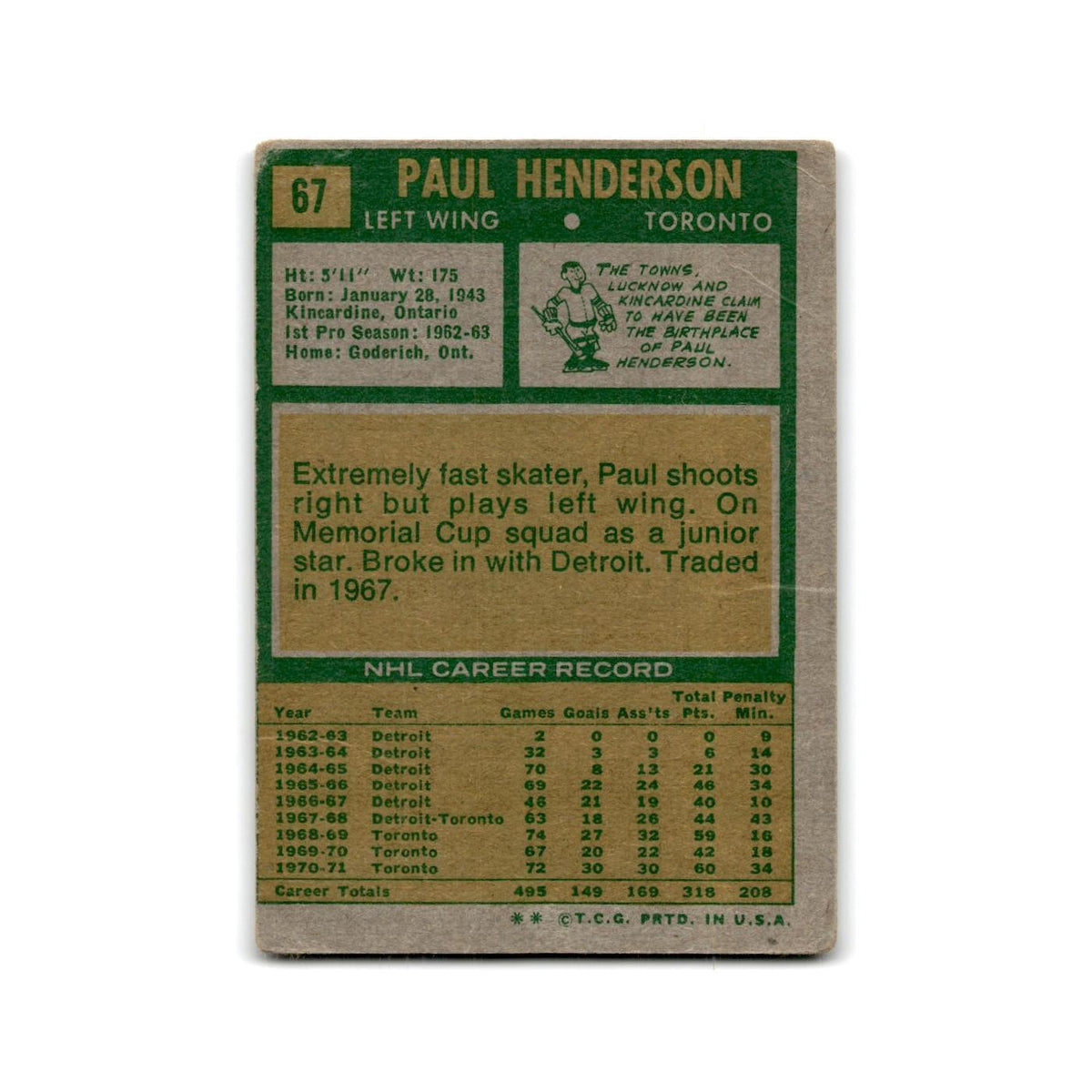 1971 Topps Paul Henderson Toronto Maple Leafs #67
