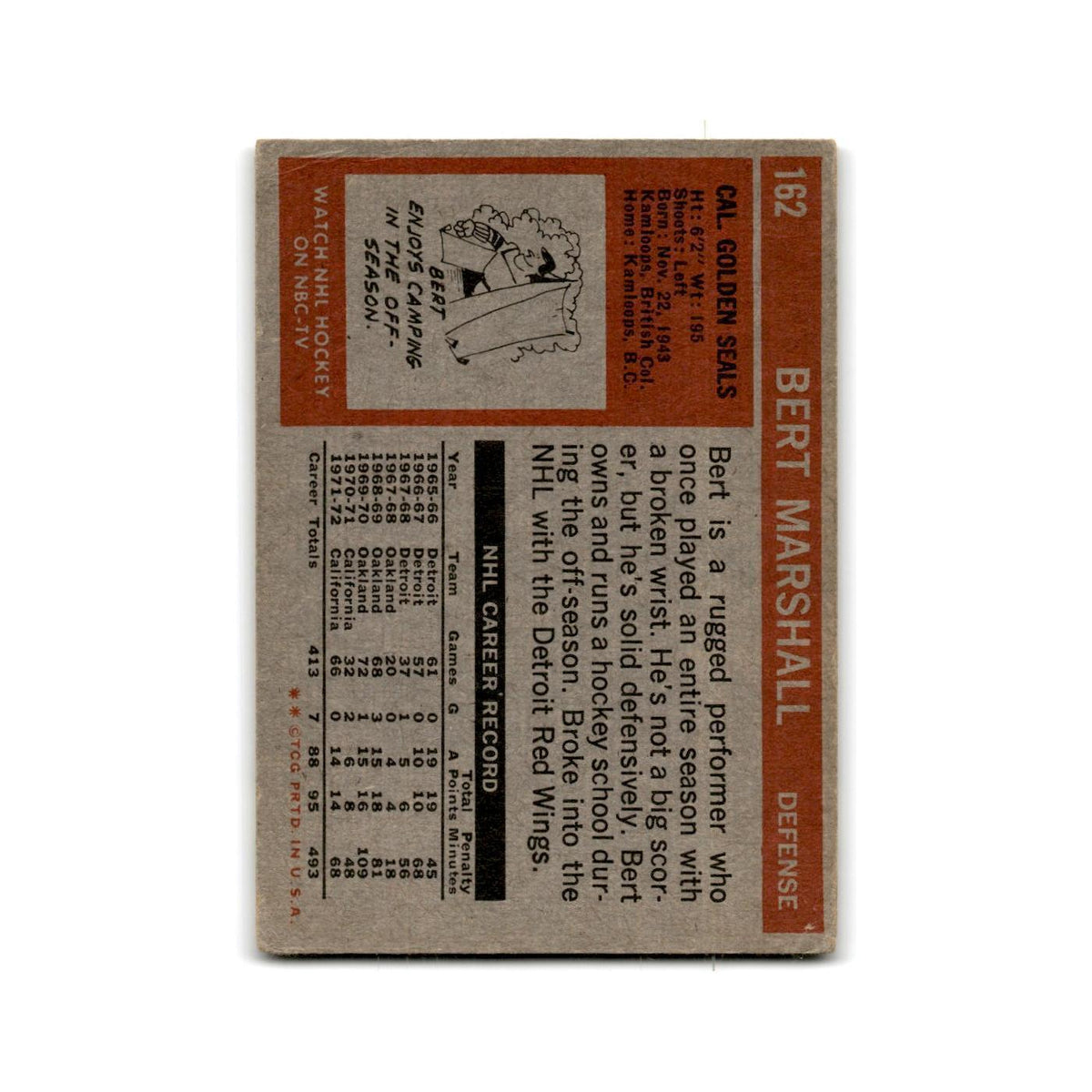 1972 Topps Bert Marshall California Golden Seals #162