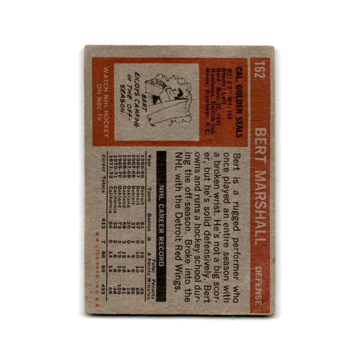 1972 Topps Bert Marshall California Golden Seals #162