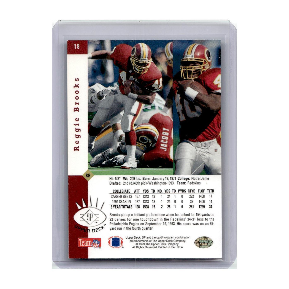 1993 SP Reggie Brooks RC Redskins #18