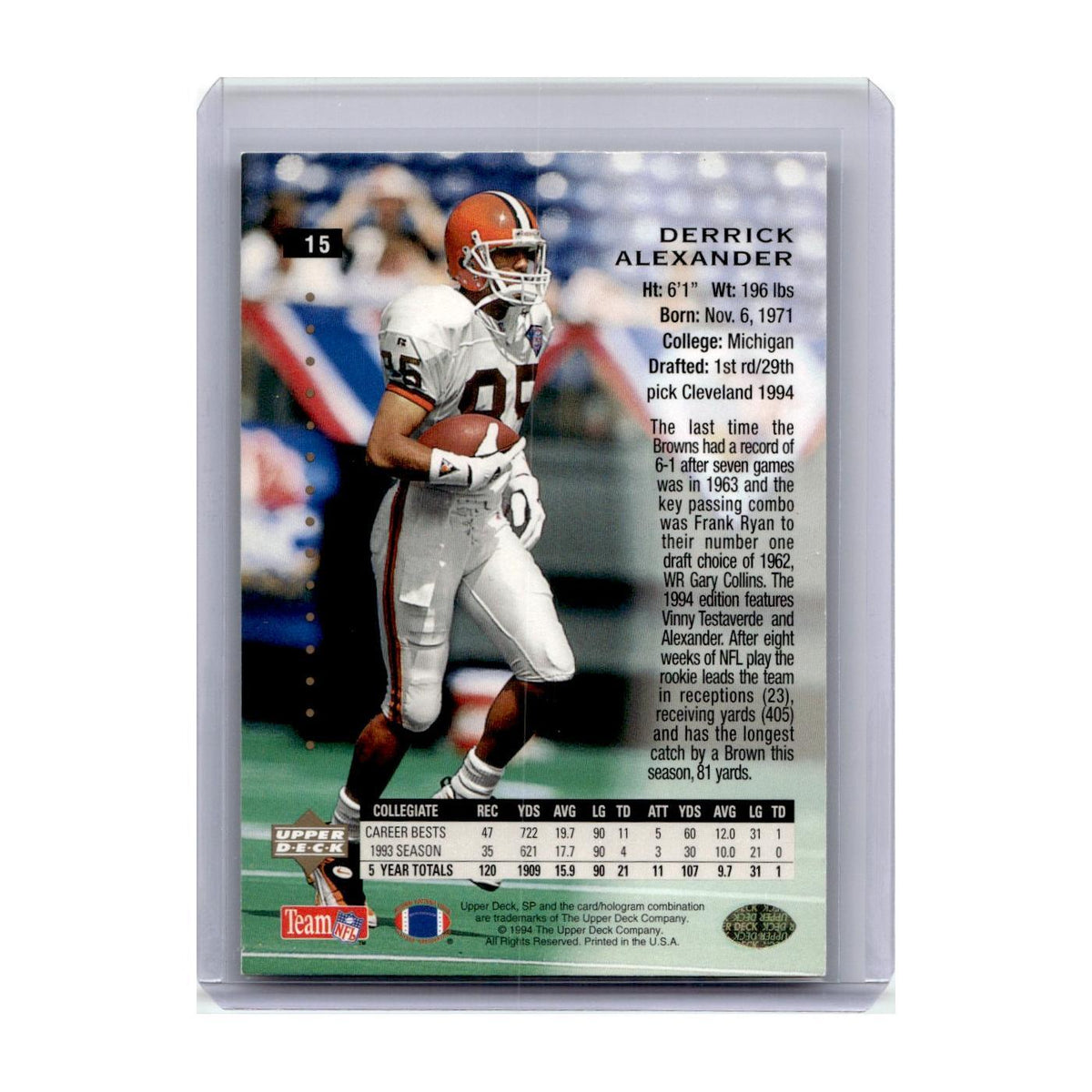 1994 SP Premier Prospects Derrick Alexander RC Browns #15