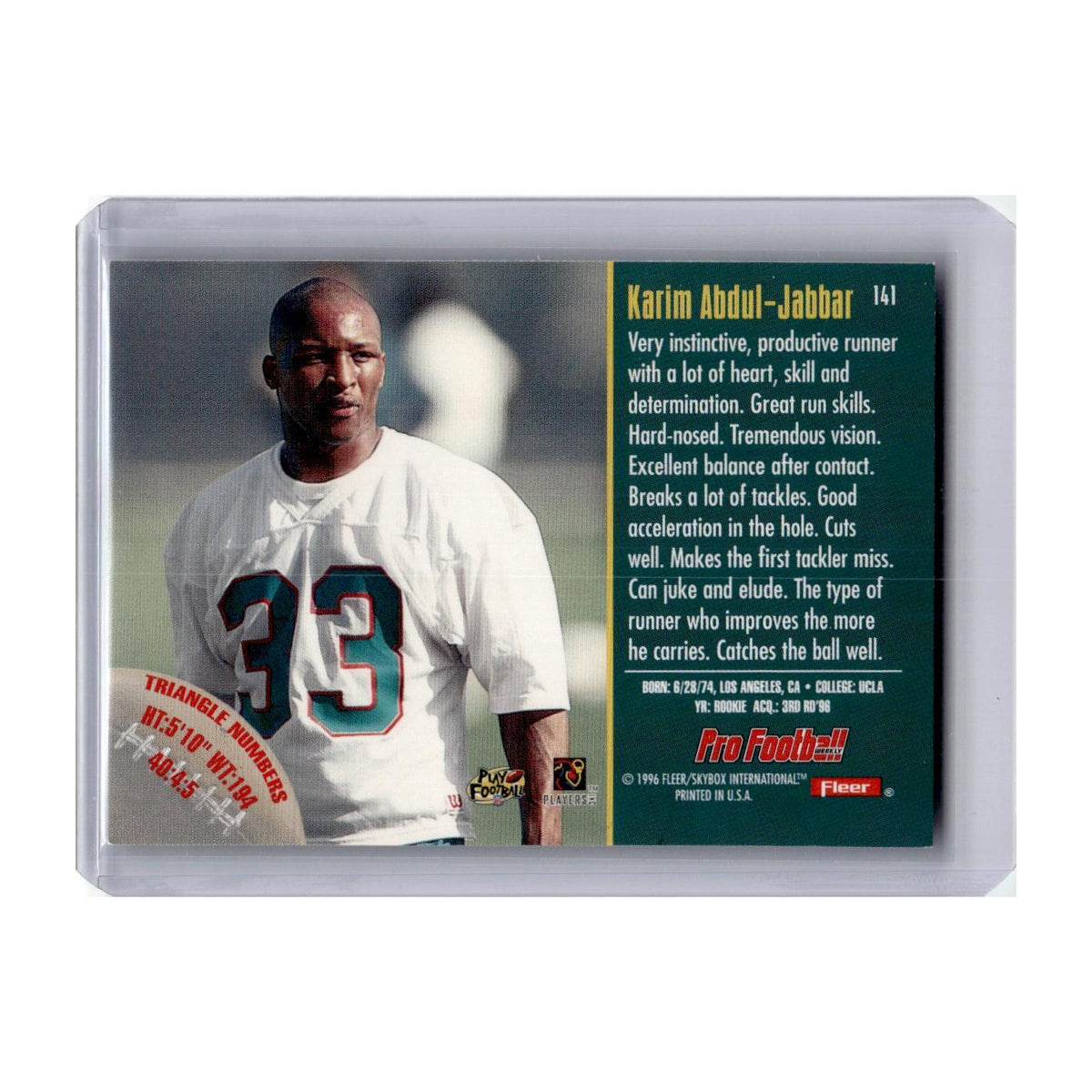 1996 Fleer Karim Abdul-Jabbar RC Dolphins #141