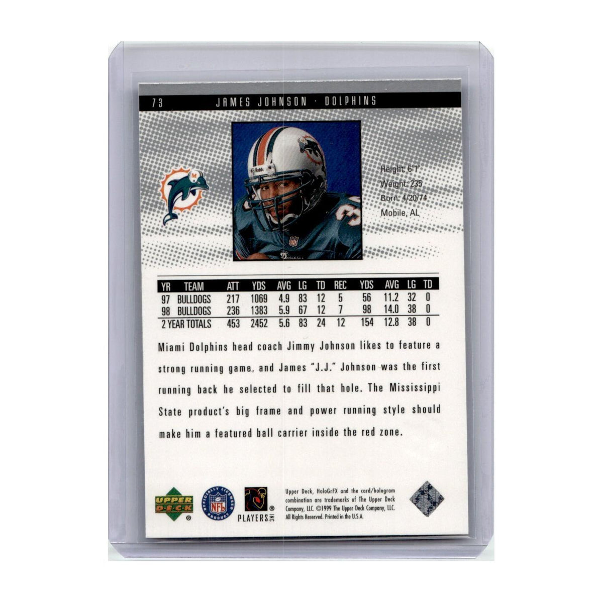 1999 Upper Deck HoloGrFX James Johnson RC Dolphins #73