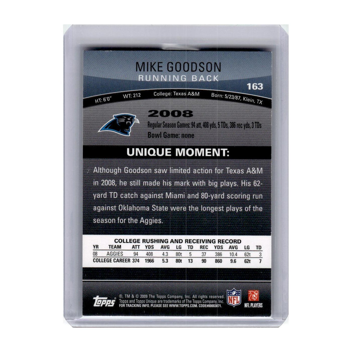 2009 Topps Unique Mike Goodson RC Panthers #163