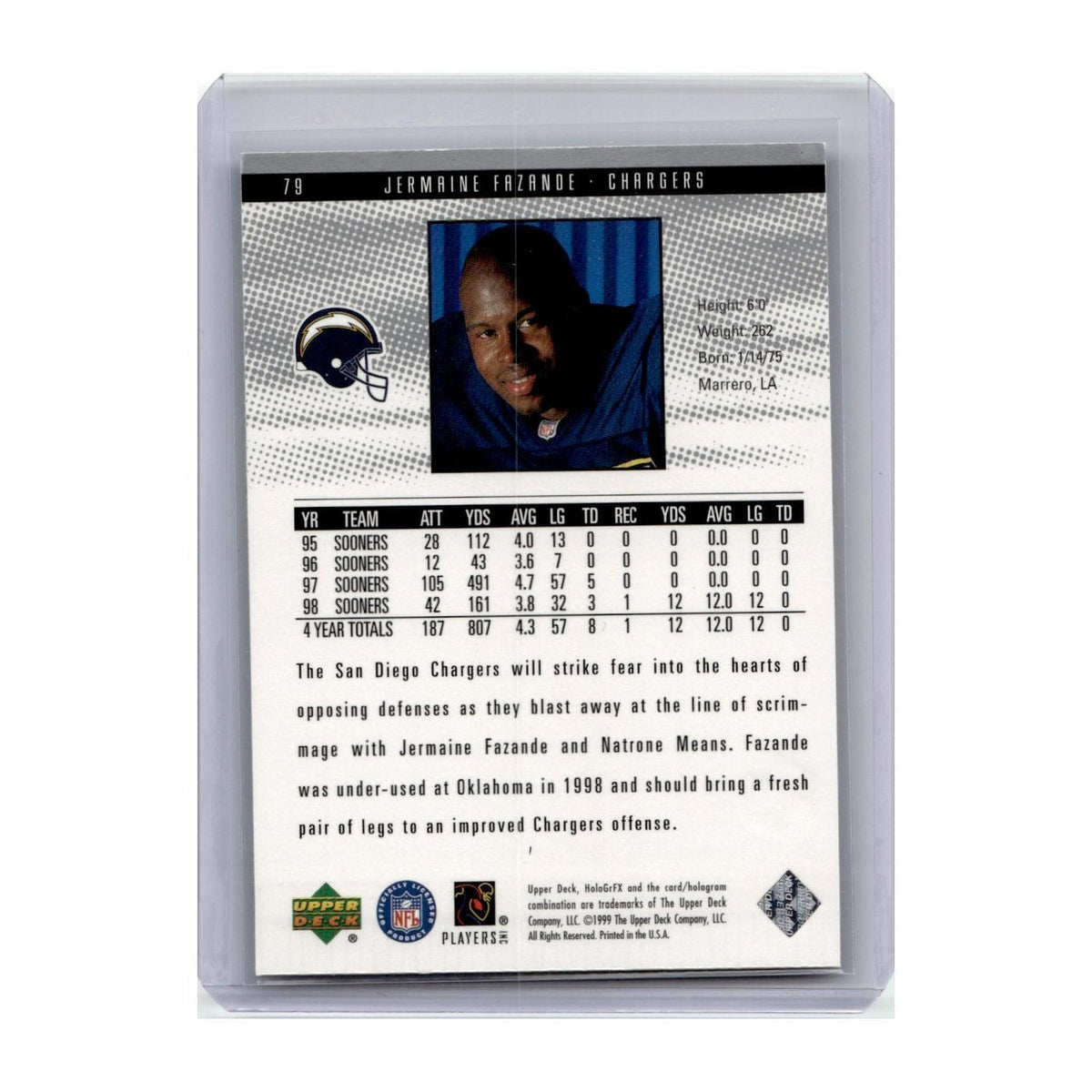 1999 Upper Deck HoloGrFX Jermaine Fazande RC San Diego Chargers #79