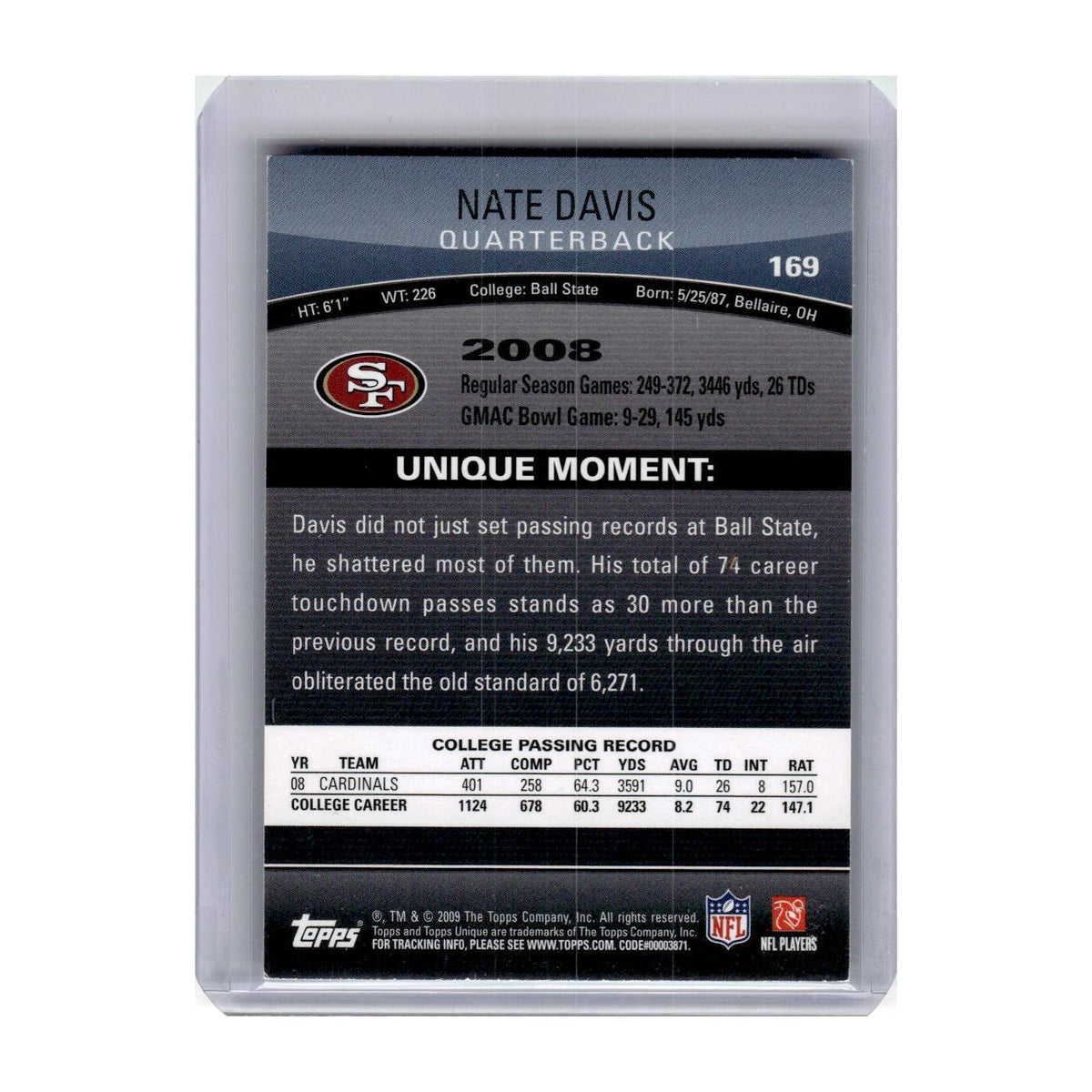 2009 Topps Unique Nate Davis RC 49ers #169