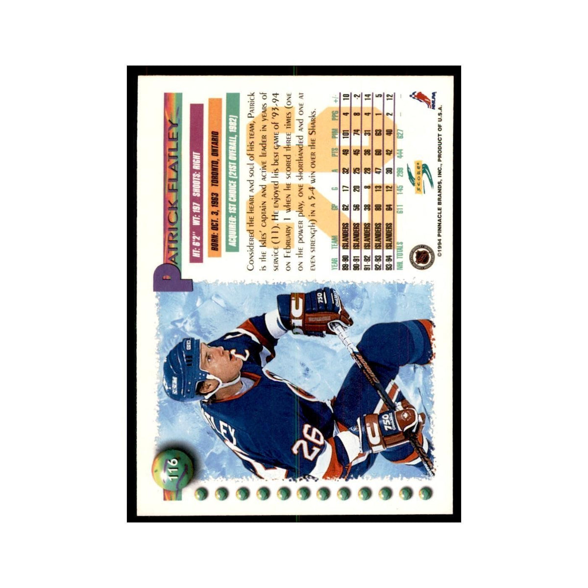 Patrick Flatley 1994 Score #116 Hockey Cards Hockey Card NM