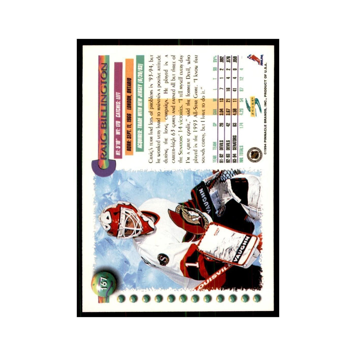 Craig Billington 1994 Score #167 Hockey Cards Hockey Card NM