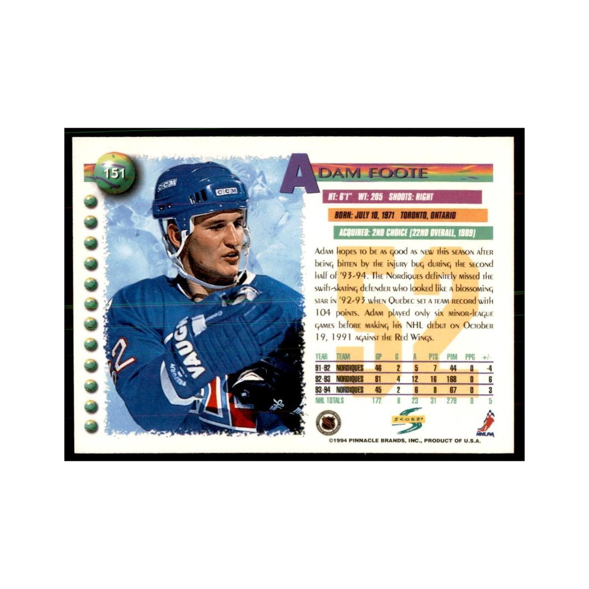 Adam Foote 1994 Score #151 Hockey Cards Hockey Card NM