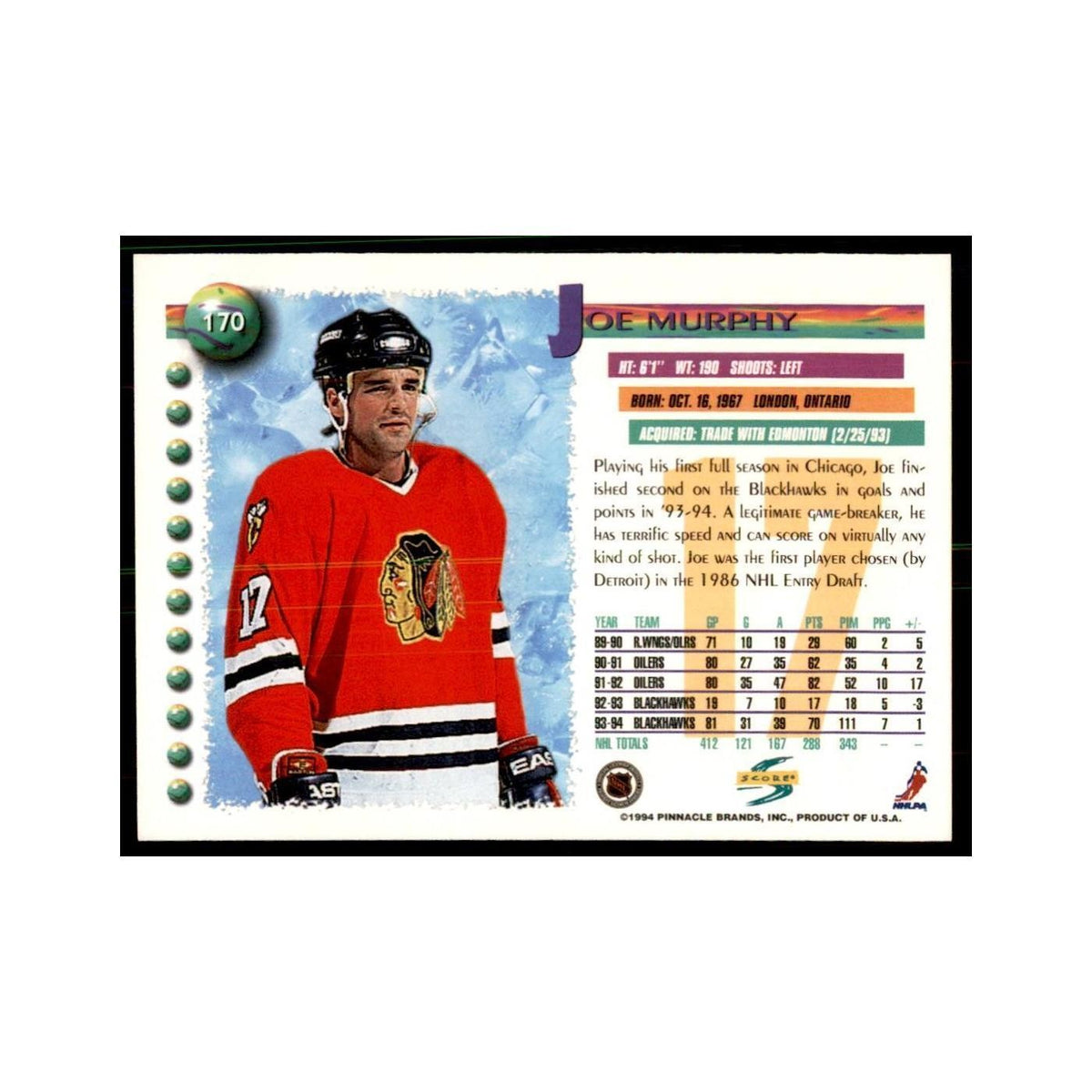 Joe Murphy 1994 Score #170 Hockey Cards Hockey Card NM