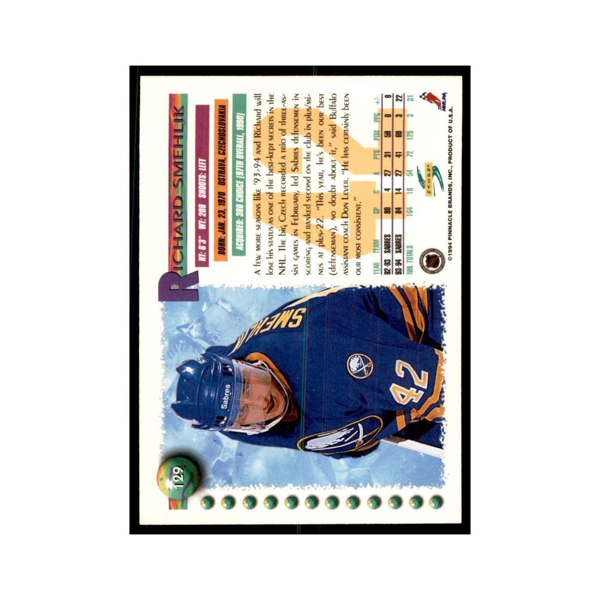 Richard Smehlik 1994 Score #129 Hockey Cards Hockey Card NM