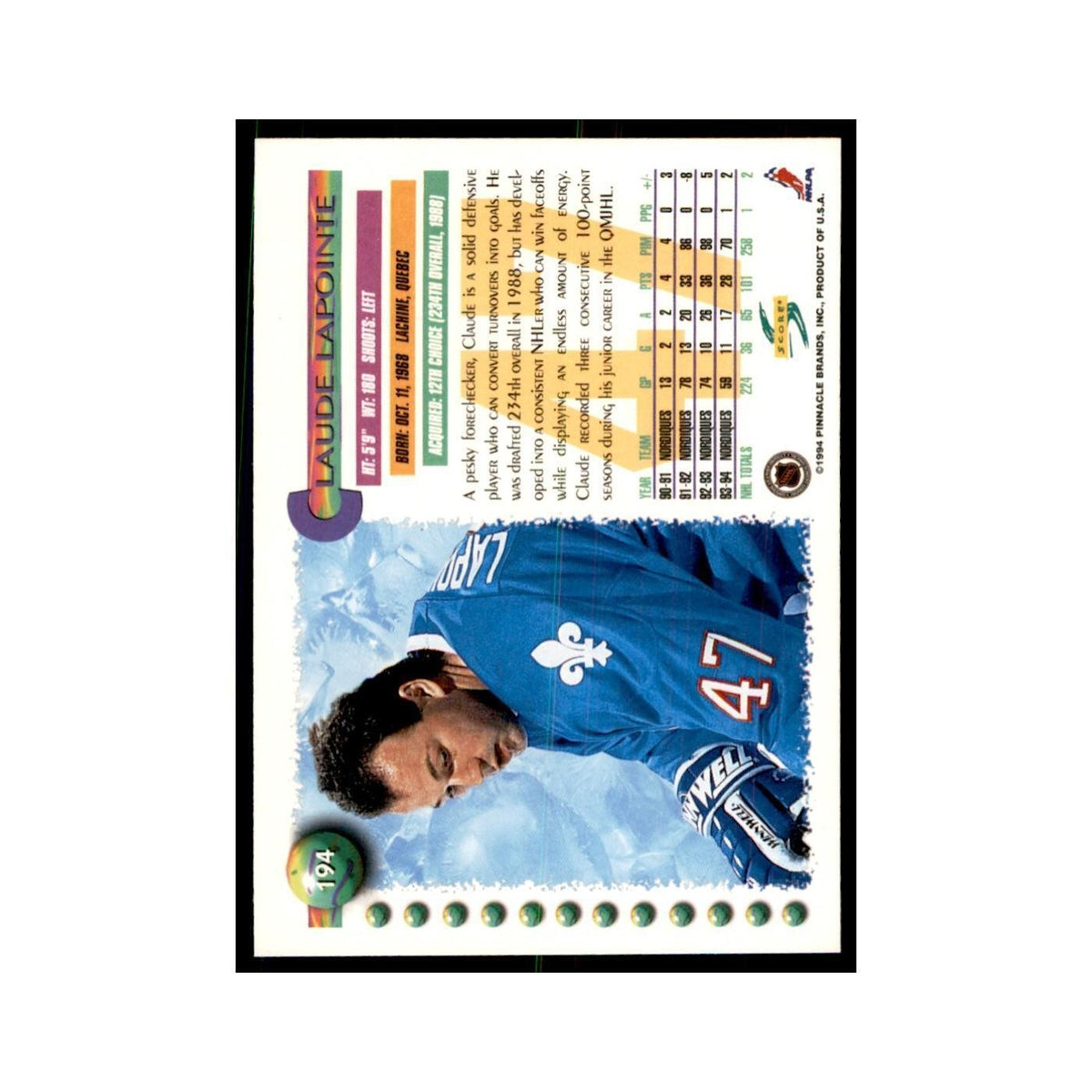 Claude Lapointe 1994 Score #194 Hockey Cards Hockey Card NM