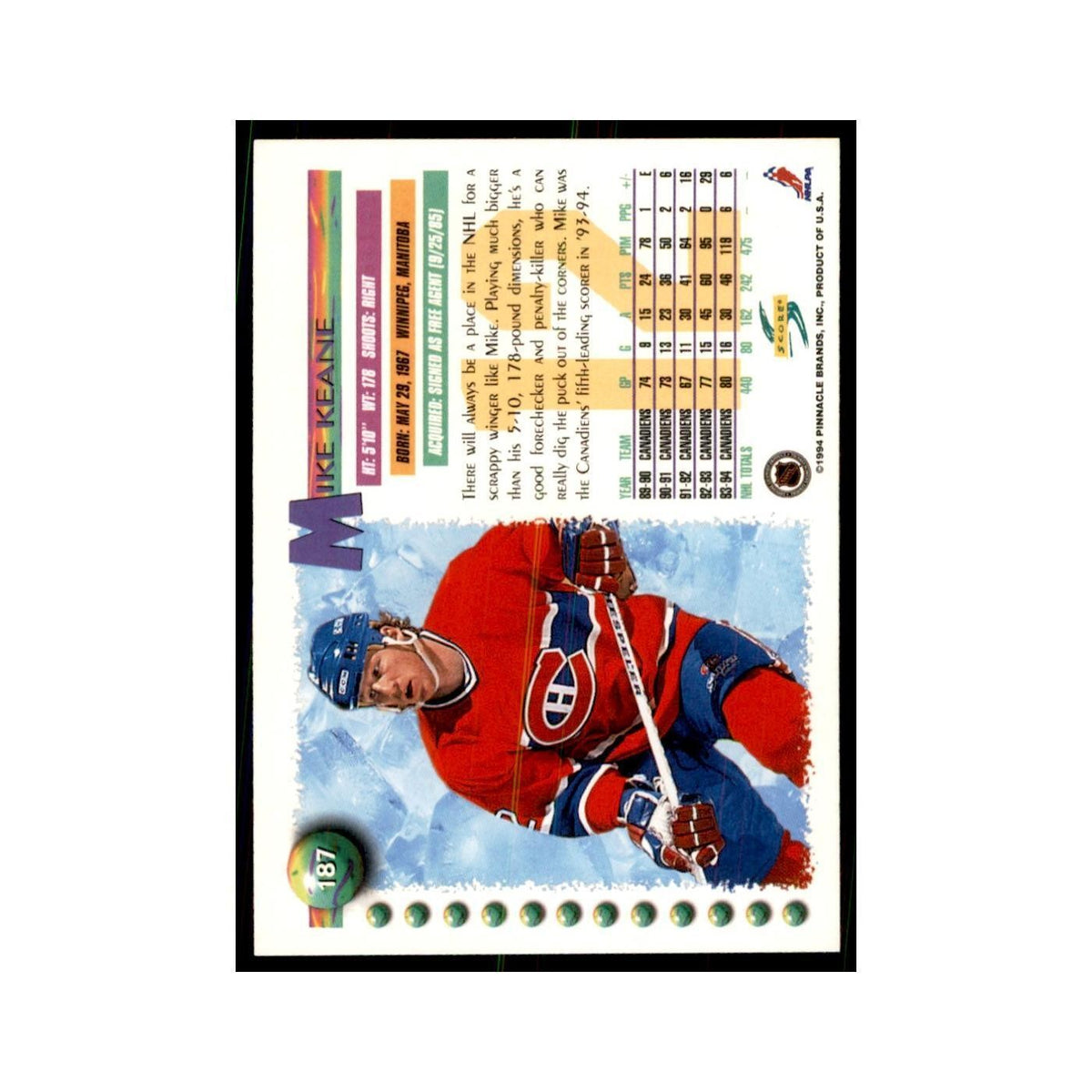 Mike Keane 1994 Score #187 Hockey Cards Hockey Card NM