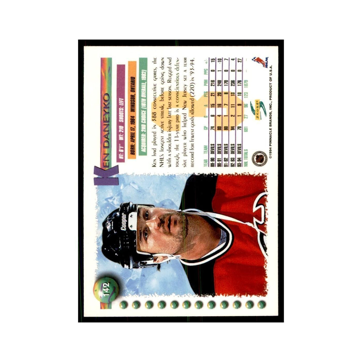 Ken Daneyko 1994 Score #142 Hockey Cards Hockey Card NM