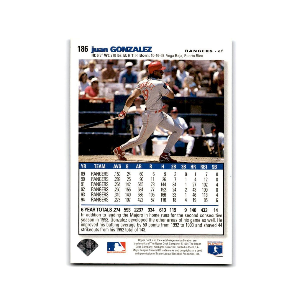 Juan Gonzalez 1995 Collector's Choice SE #186 Texas Rangers Baseball Card NM
