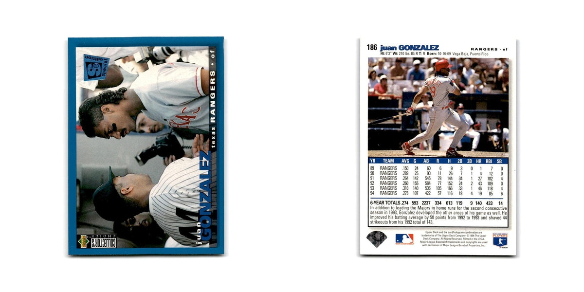 Juan Gonzalez 1995 Collector's Choice SE #186 Texas Rangers Baseball Card NM