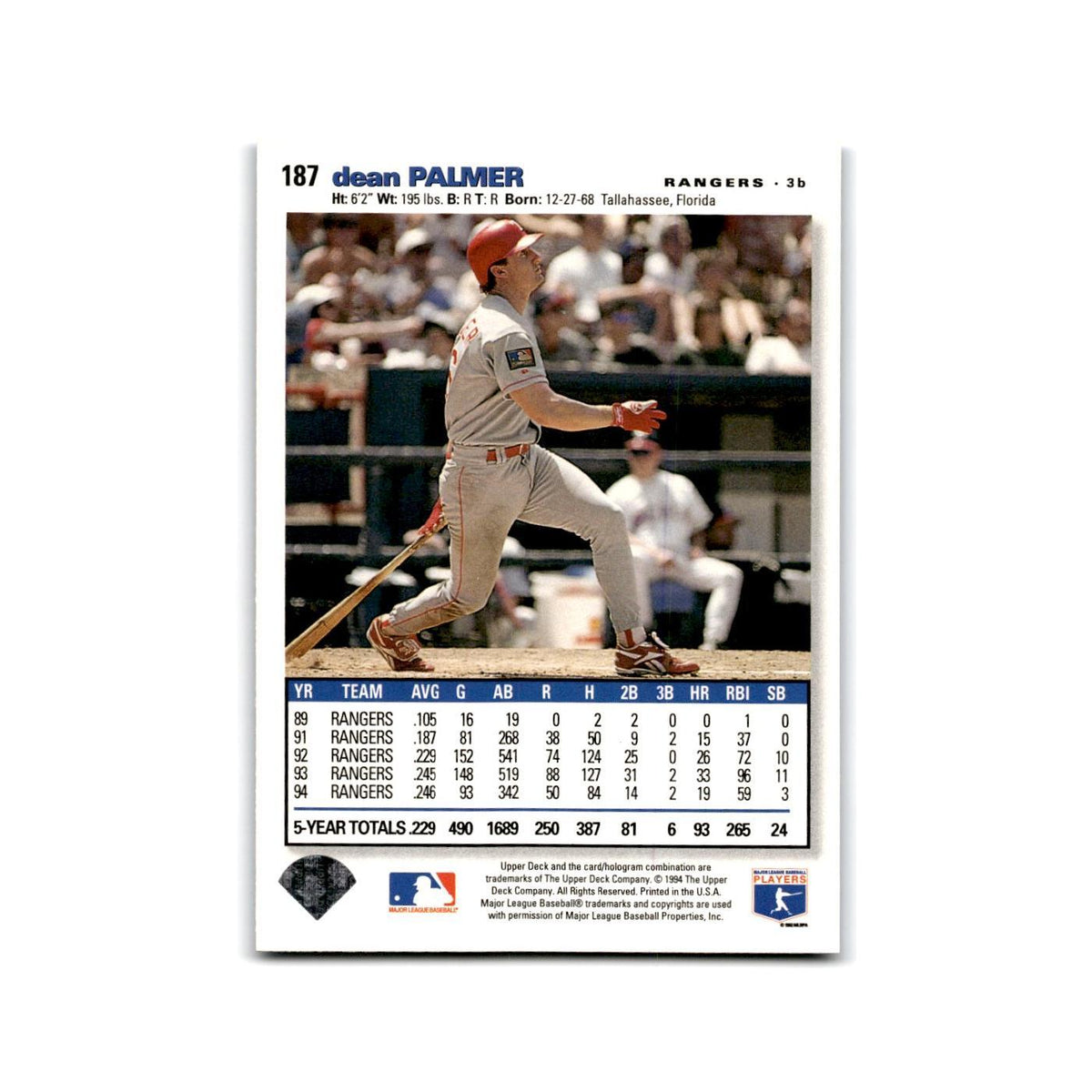 Dean Palmer 1995 Collector's Choice SE #187 Texas Rangers Baseball Card NM