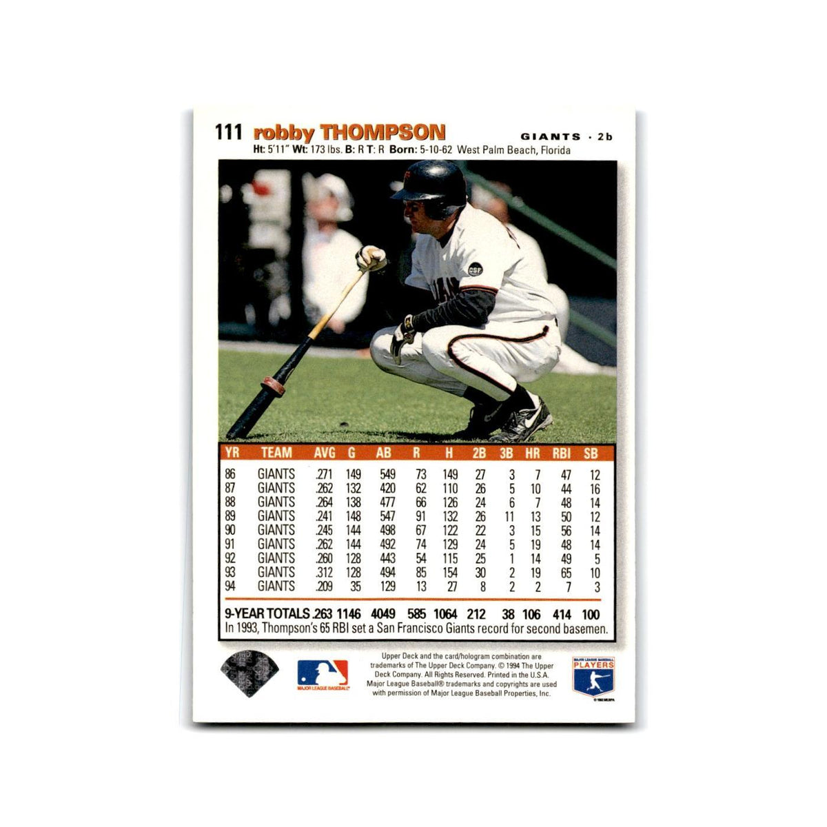 Robby Thompson 1995 Collector's Choice SE #111 San Francisco Giants NM