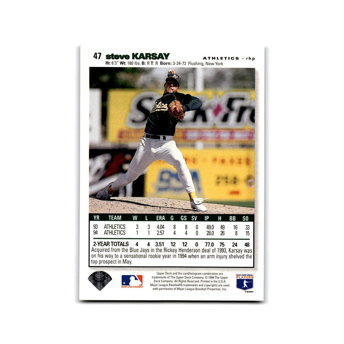 Steve Karsay 1995 Collector's Choice SE #47 Oakland Athletics Baseball Card NM