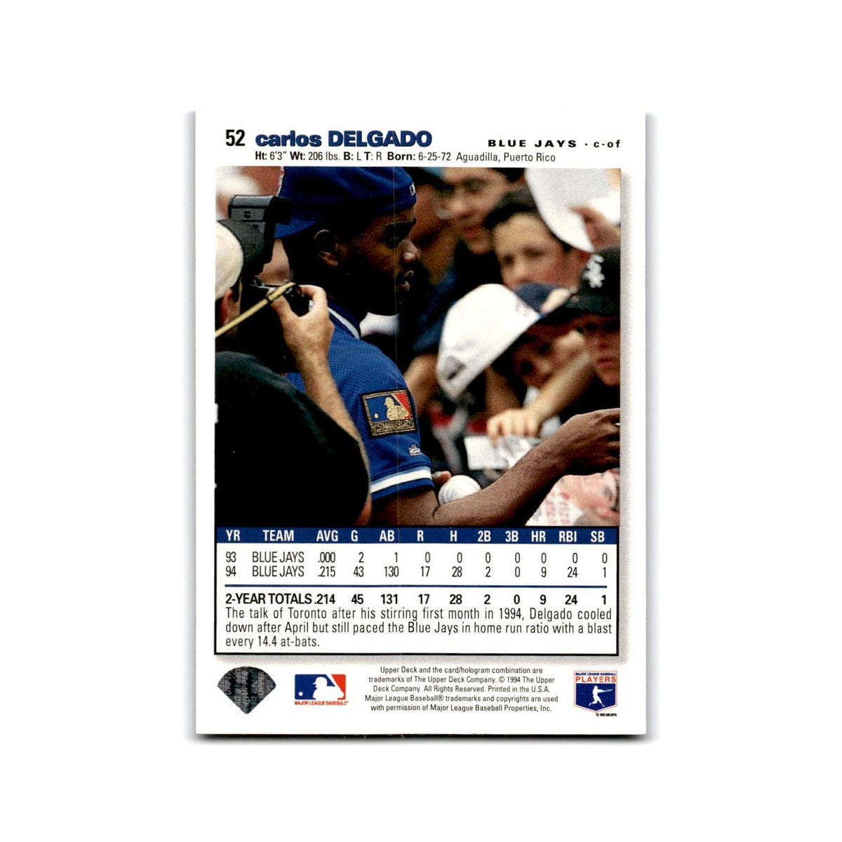 Carlos Delgado 1995 Collector's Choice SE #52 Toronto Blue Jays Baseball Card NM