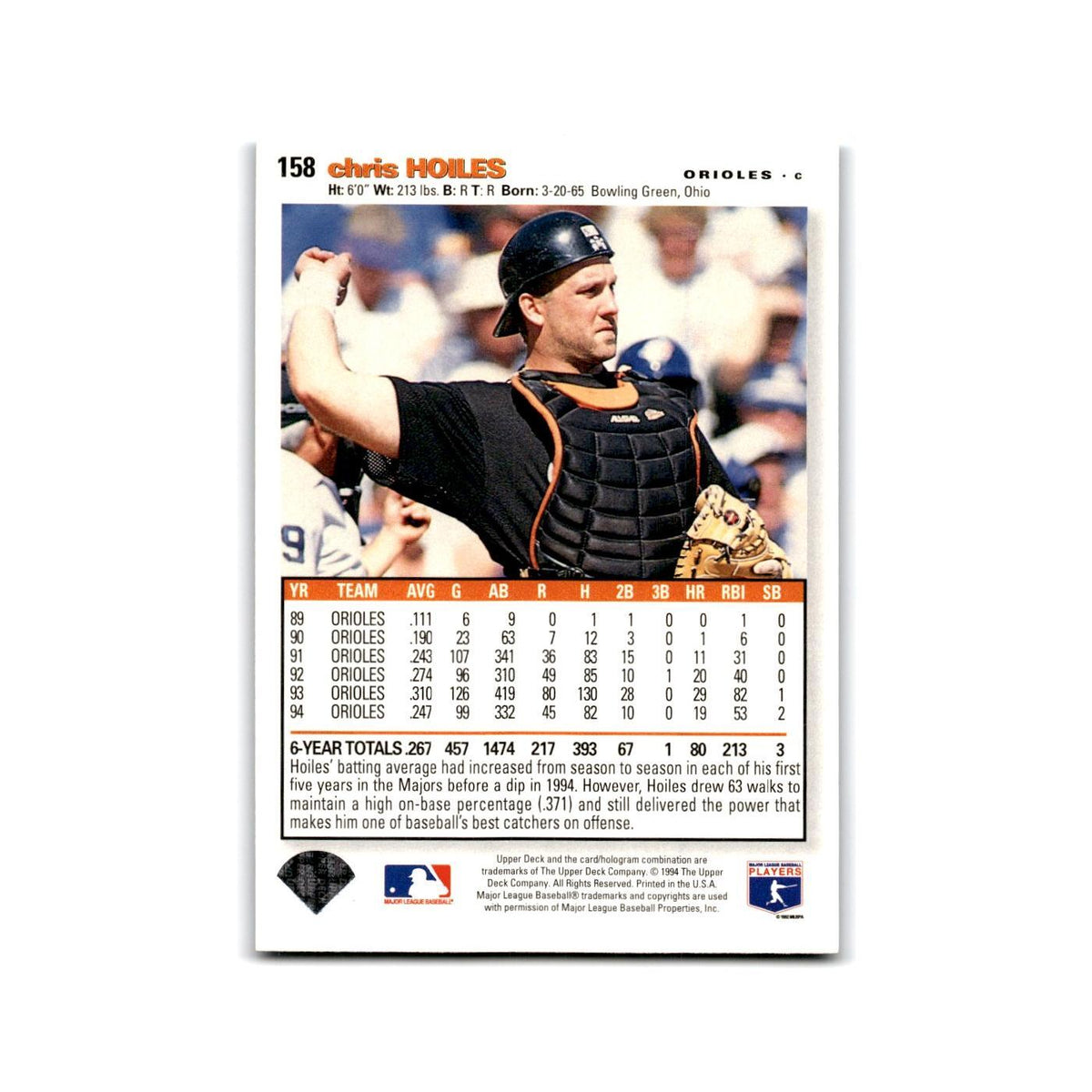 Chris Hoiles 1995 Collector's Choice SE #158 Baltimore Orioles Baseball Card NM