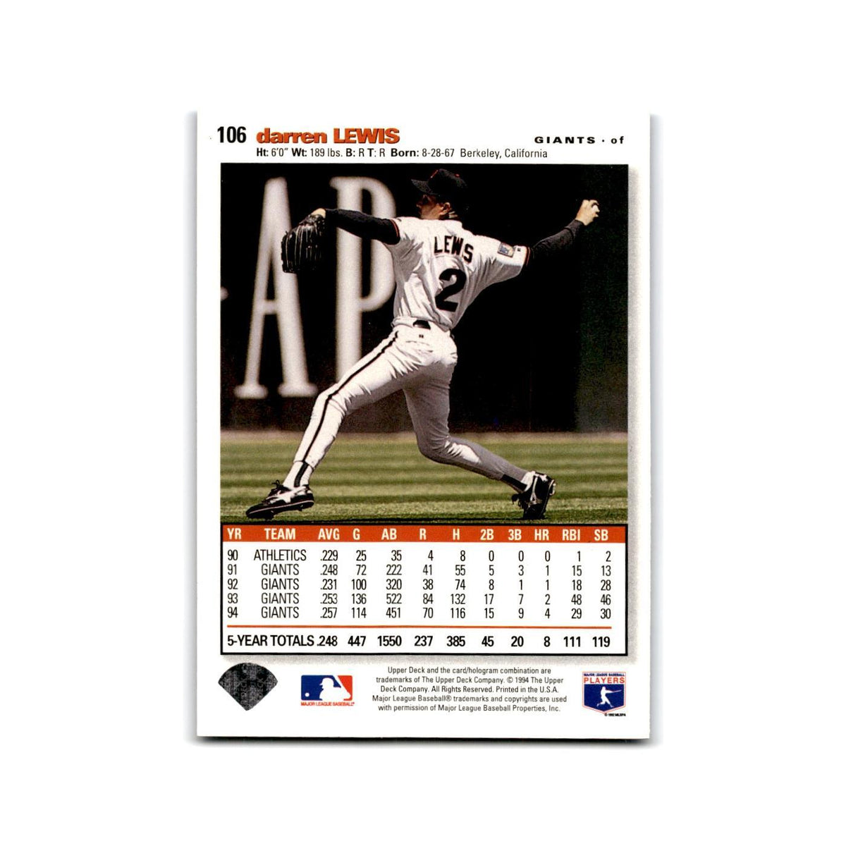 Darren Lewis 1995 Collector's Choice SE #106 San Francisco Giants NM