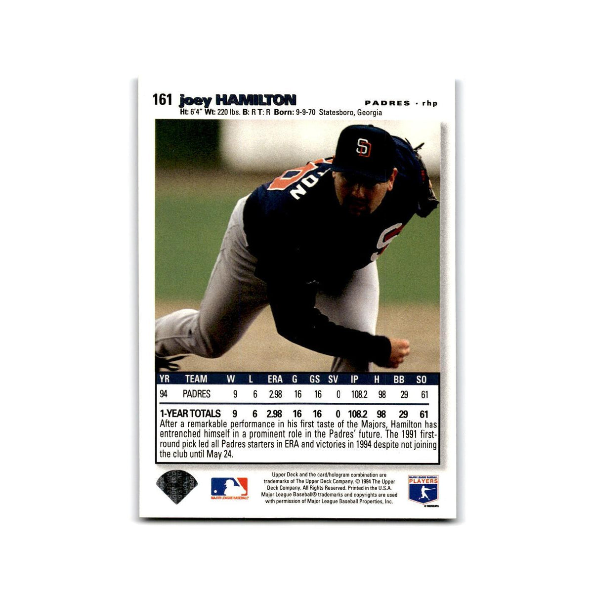 Joey Hamilton 1995 Collector's Choice SE #161 San Diego Padres Baseball Card NM