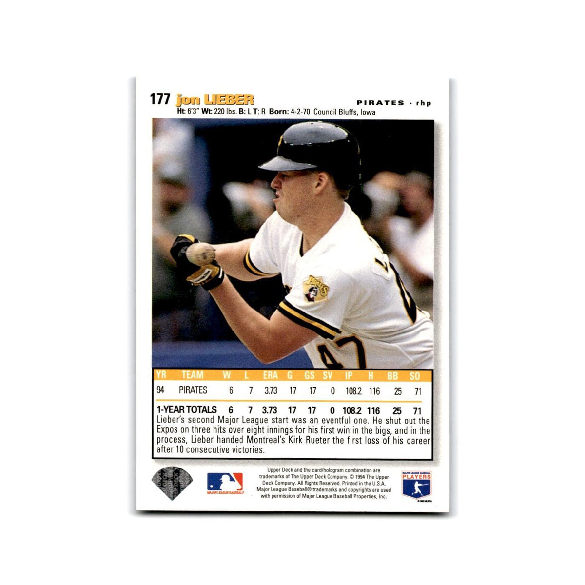 Jon Lieber 1995 Collector's Choice SE #177 Pittsburgh Pirates Baseball Card NM