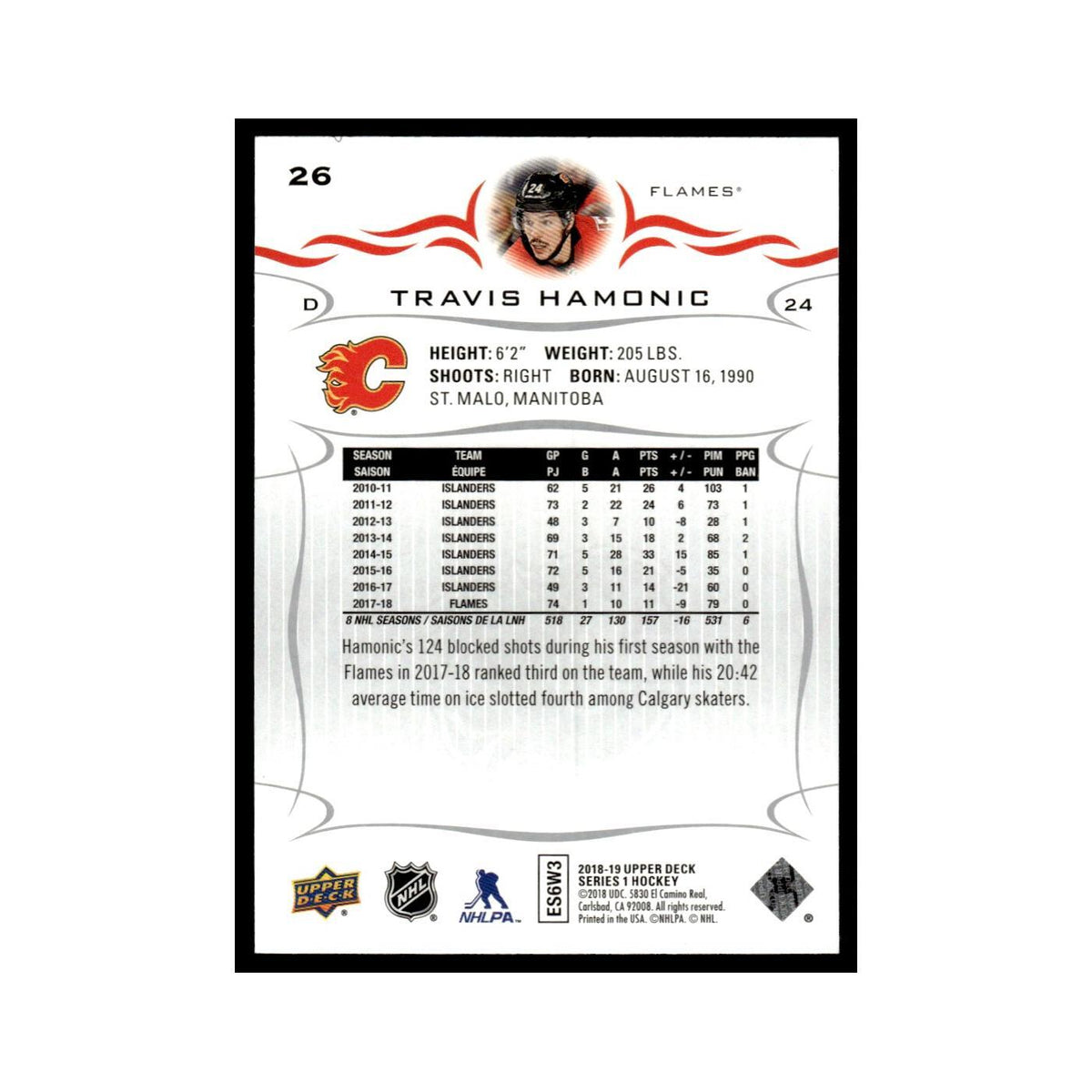 Travis Hamonic 2018 Upper Deck #26 Calgary Flames Hockey Card NM