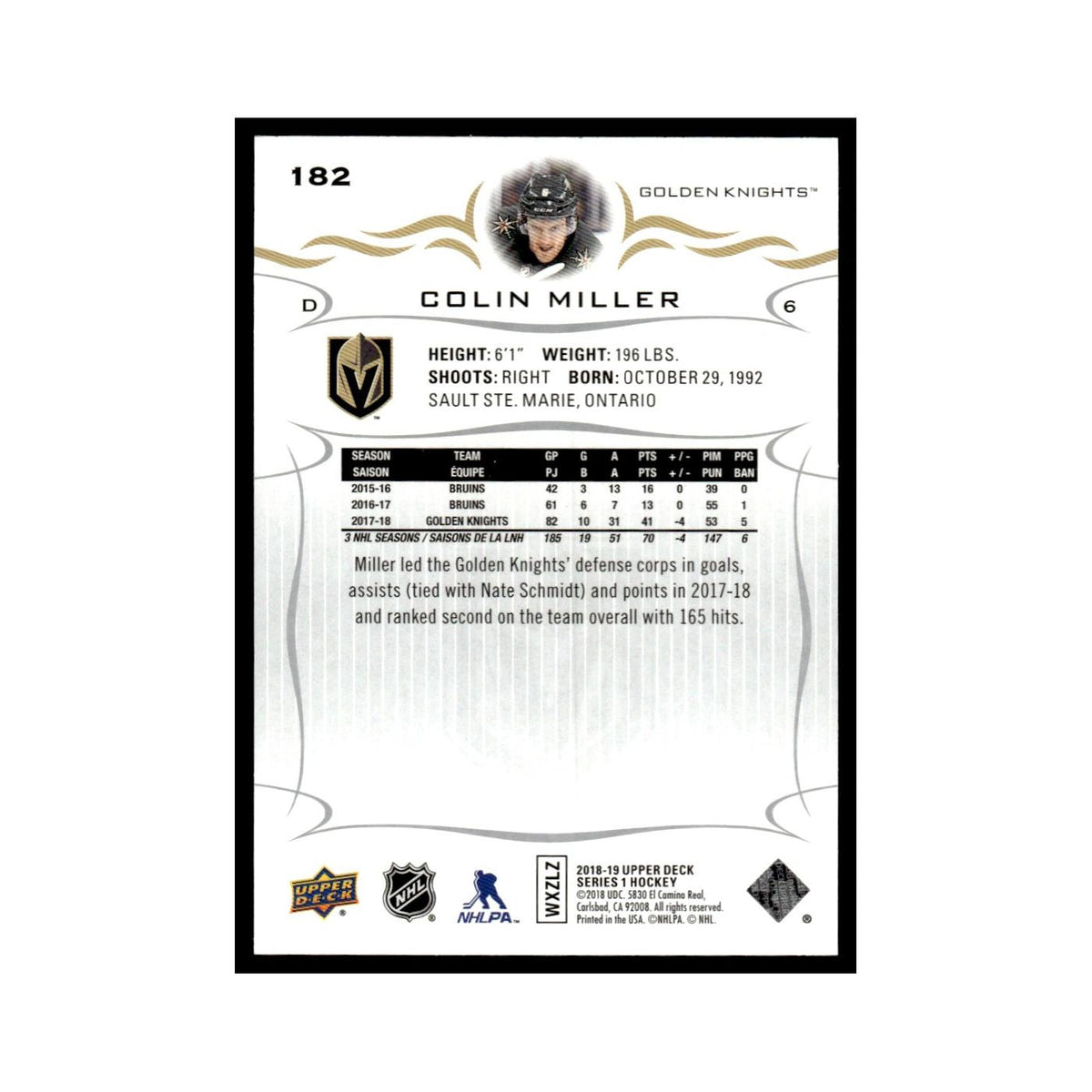 Colin Miller 2018 Upper Deck #182 Vegas Golden Knights Hockey Card NM