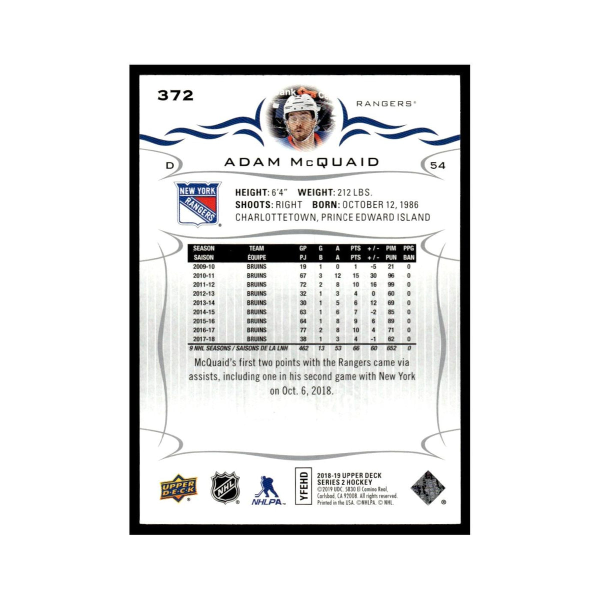 Adam McQuaid 2018 Upper Deck #372 New York Rangers Hockey Card NM