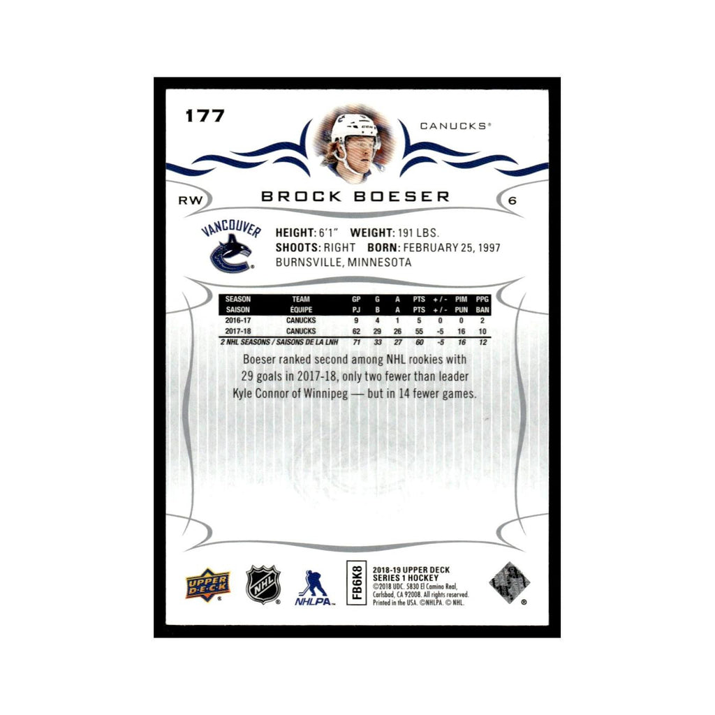 Brock Boeser 2018 Upper Deck #177 Vancouver Canucks Hockey Card NM