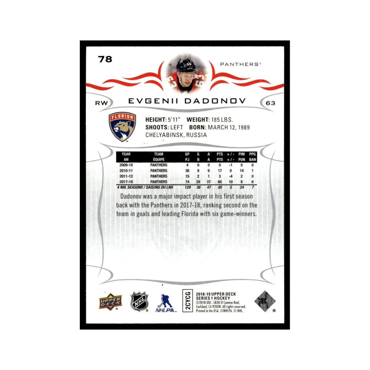 Evgenii Dadonov 2018 Upper Deck #78 Florida Panthers Hockey Card NM