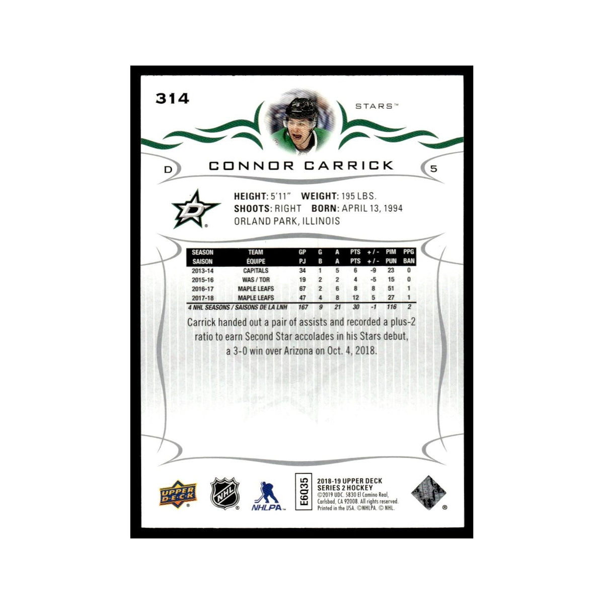 Connor Carrick 2018 Upper Deck #314 Dallas Stars Hockey Card NM