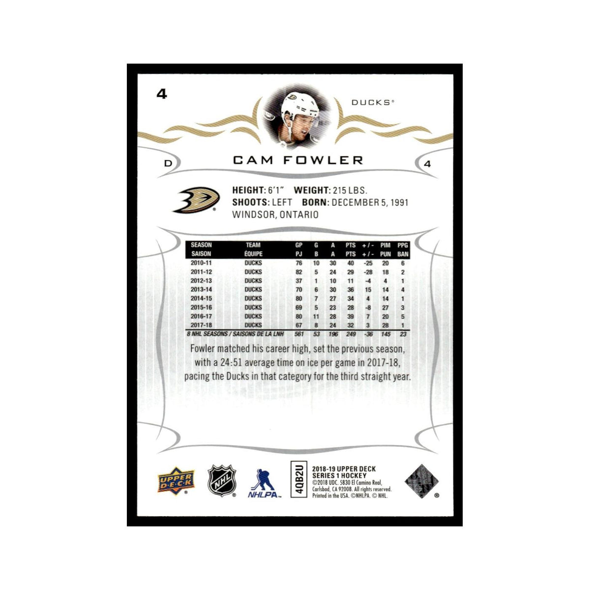 Cam Fowler 2018 Upper Deck #4 Anaheim Ducks Hockey Card NM