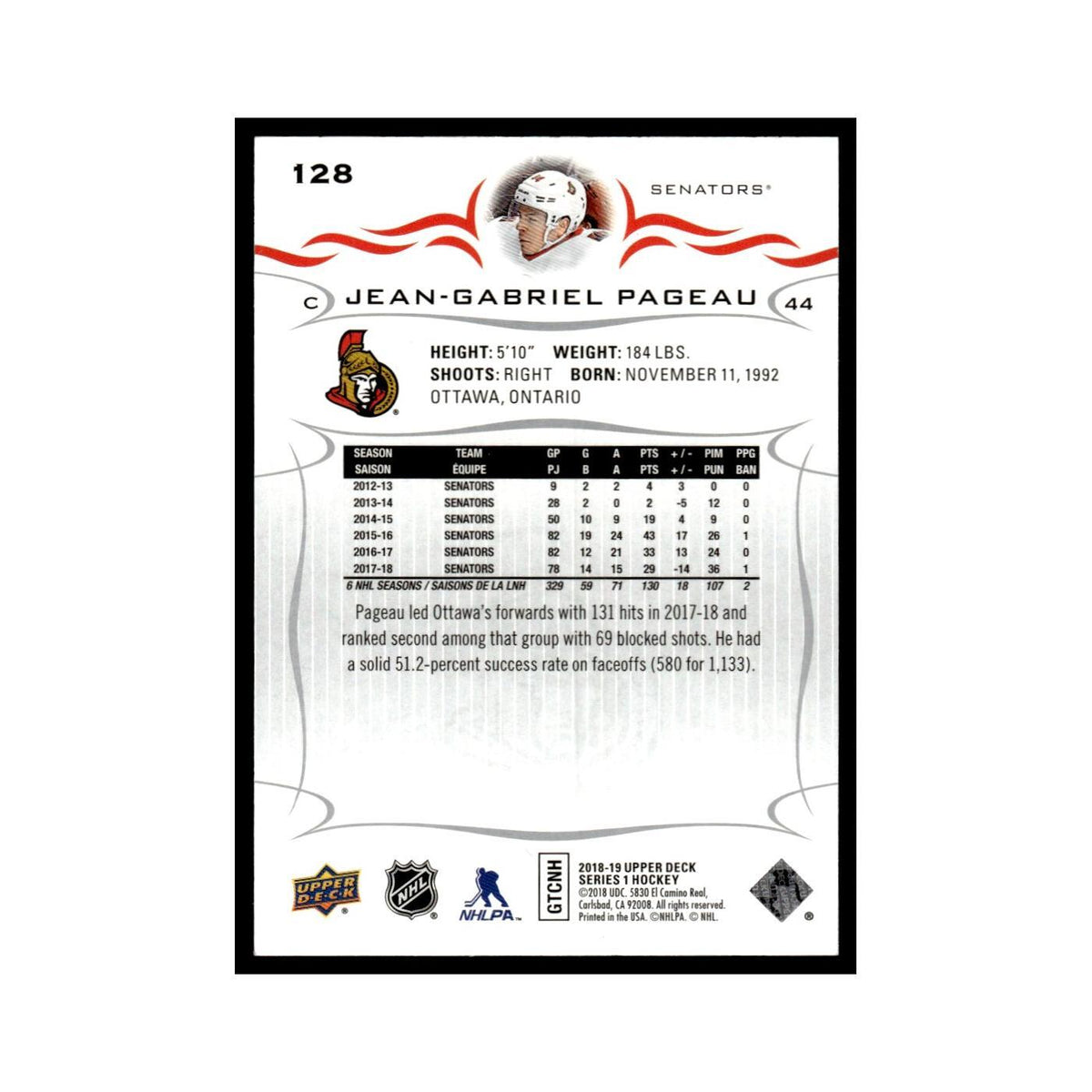 Jean-Gabriel Pageau 2018 Upper Deck #128 Ottawa Senators Hockey Card NM