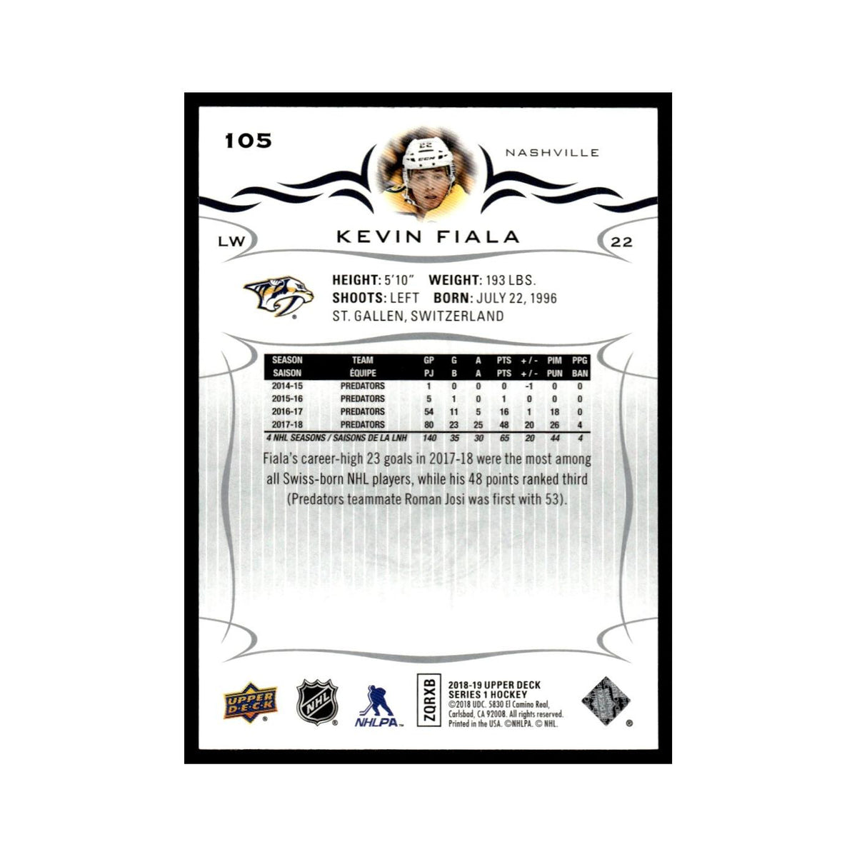 Kevin Fiala 2018 Upper Deck #105 Nashville Predators Hockey Card NM