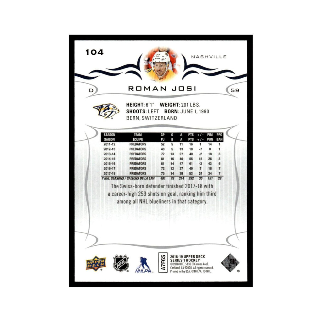 Roman Josi 2018 Upper Deck #104 Nashville Predators Hockey Card NM