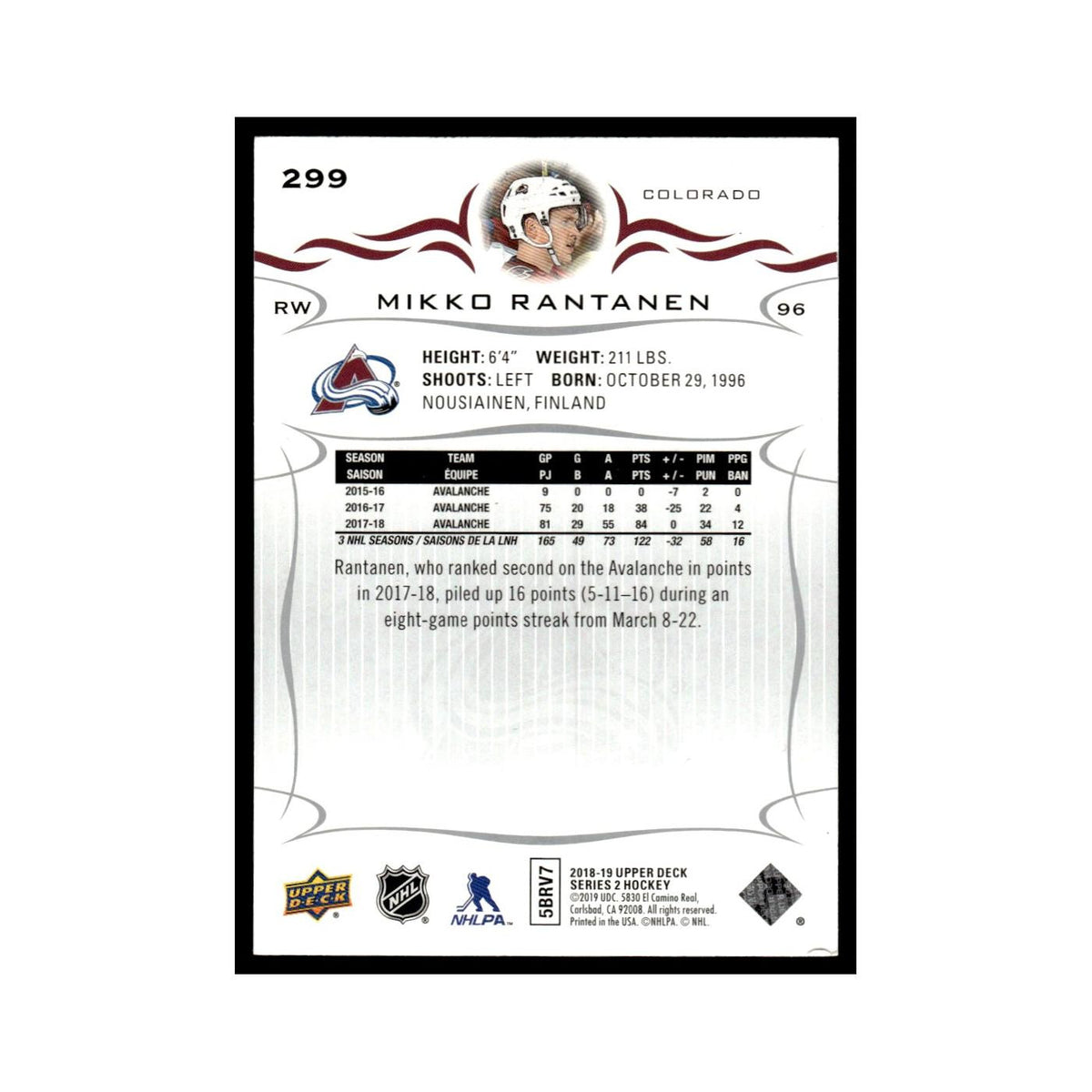 Mikko Rantanen 2018 Upper Deck #299 Colorado Avalanche Hockey Card NM