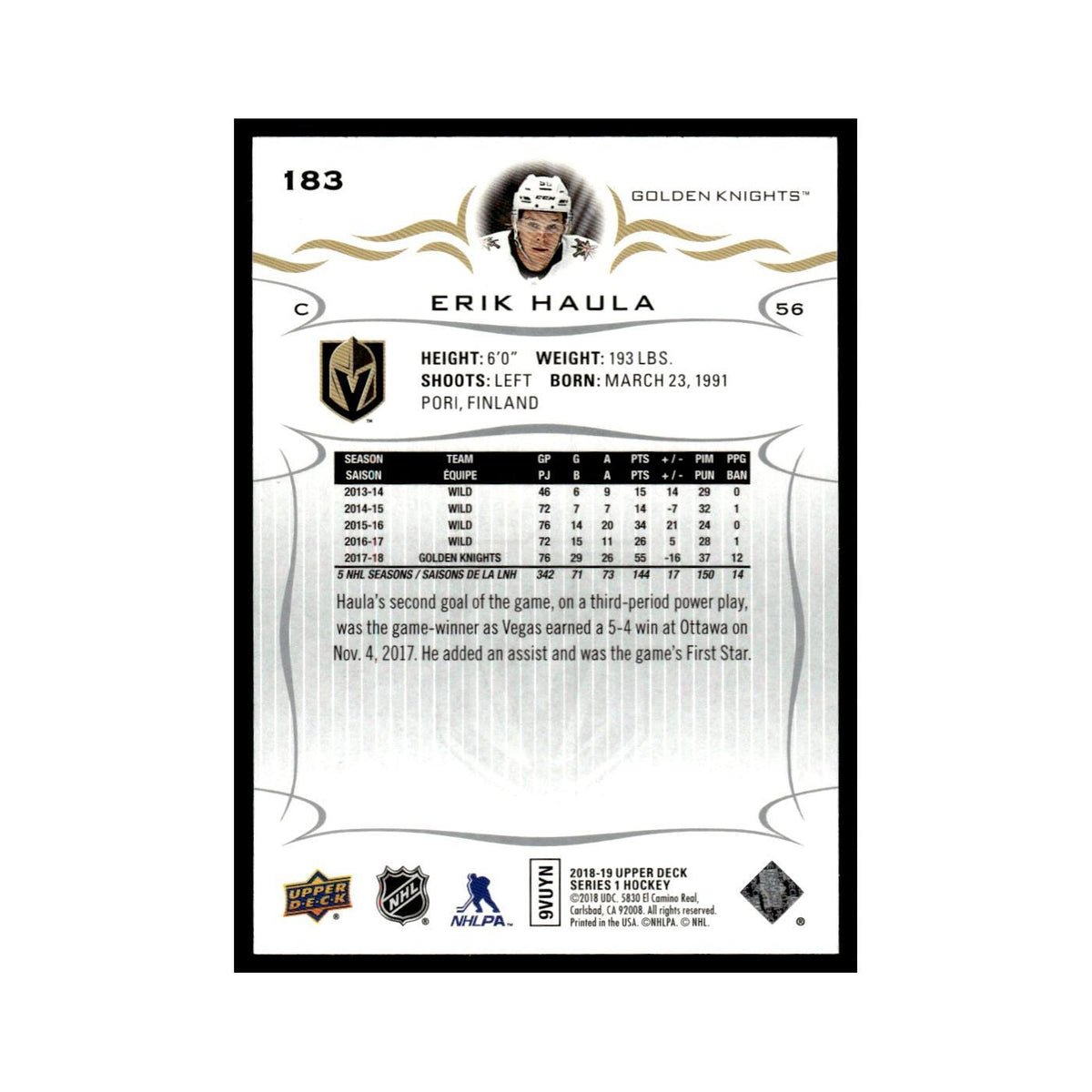 Erik Haula 2018 Upper Deck #183 Vegas Golden Knights Hockey Card NM